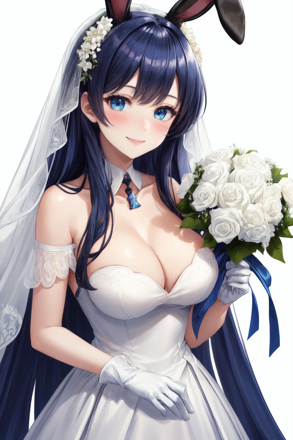 best quality, masterpiece, highres, solo, {new_jersey_azurlane:1.15}, long_hair, blue_eyes, blue_hair, breasts, large_breasts, animal_ears, rabbit_ears, smile, fake_animal_ears, very_long_hair, blush, bangs, 1girl, bridal_veil, cleavage, dress, looking_at_viewer, official_alternate_costume, veil, wedding_dress, bare_shoulders, bouquet, flower, white_dress, holding_bouquet, rose, upper_body, white_flower, white_gloves, gloves, jewelry, collarbone, detached_collar, simple_background, white_background, white_rose