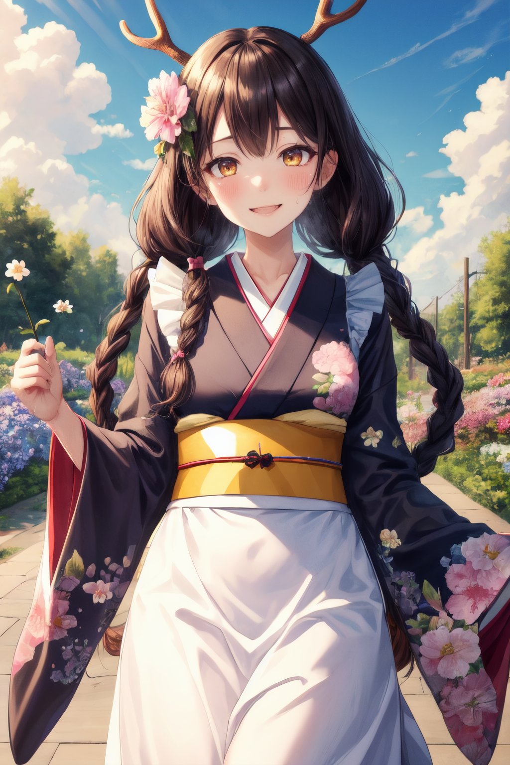 masterpiece, highres, best quality, 8k, 1girl, hmcf, long hair, antlers, branch, low twin braids, hair flower, yellow eyes, sweat, sweatdrop, floral print, japanese clothes, pink kimono, wide sleeves, frilled apron, white apron, bow, sash, obi, pink flower, smile, cheerful, upper body, jumping, holding flower, flower garden, sun, sky, cloud