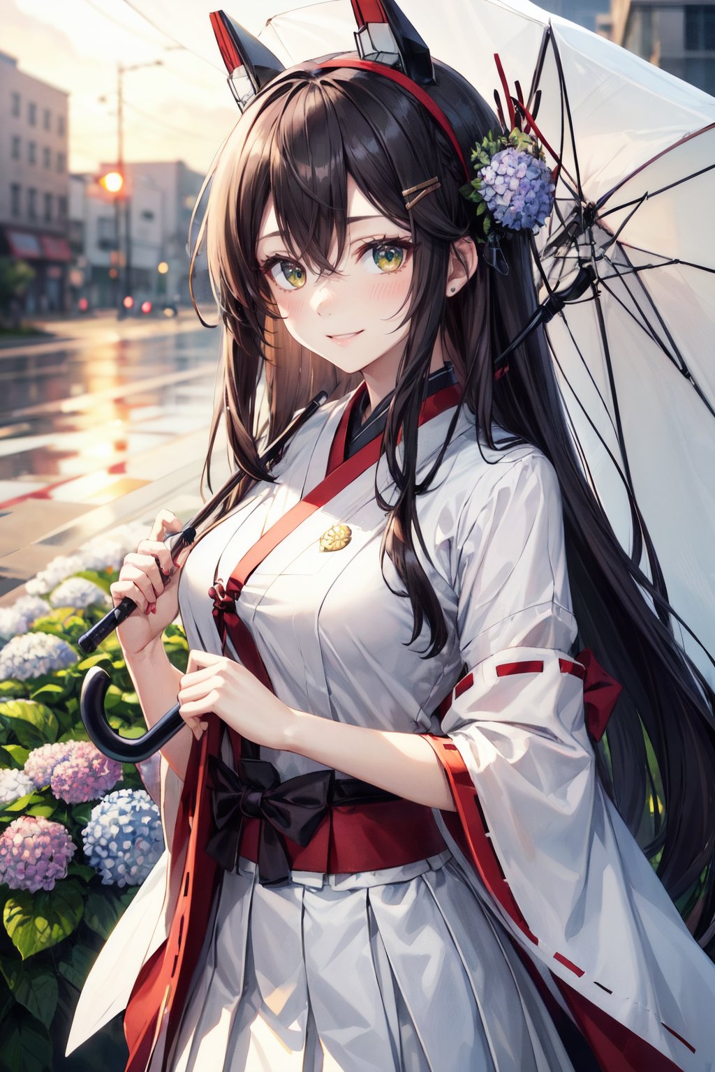 best quality, masterpiece, highres, solo, {haruna_kantaicollection:1.15}, black_hair, long_hair, hair_ornament, hairband, brown_eyes, hairclip, blush, smile, headgear, breasts, nontraditional_miko, hair_between_eyes, 1girl, green_shirt, holding, holding_umbrella, looking_at_viewer, official_alternate_costume, rain, shirt, umbrella, white_hairband, short_sleeves, skirt, upper_body, white_skirt, flower, hydrangea