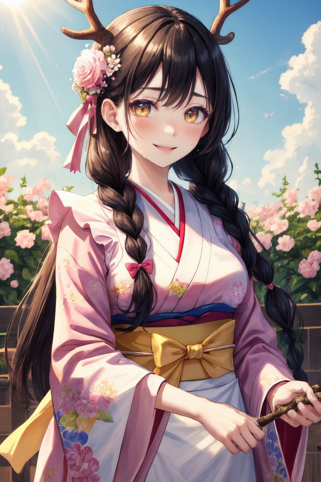 masterpiece, highres, best quality, 8k, 1girl, hmcf, long hair, antlers, branch, low twin braids, hair flower, yellow eyes, sweat, sweatdrop, floral print, japanese clothes, pink kimono, wide sleeves, frilled apron, white apron, bow, sash, obi, pink flower, smile, cheerful, upper body, jumping, holding flower, flower garden, sun, sky, cloud