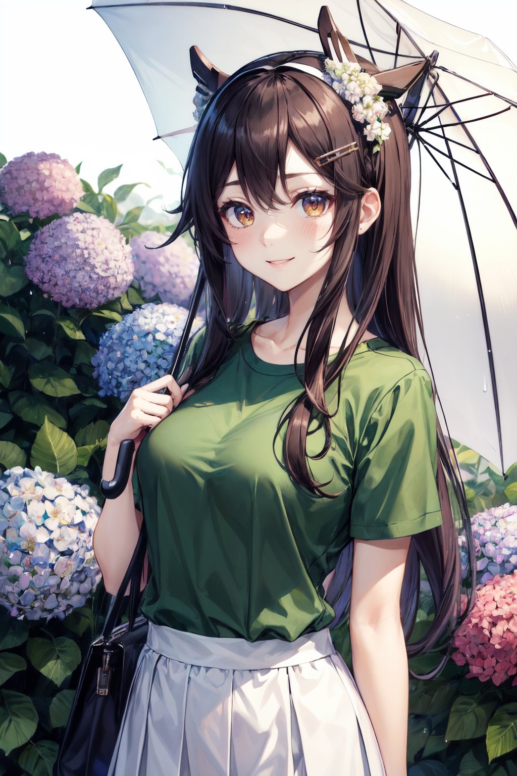 best quality, masterpiece, highres, solo, {haruna_kantaicollection:1.15}, black_hair, long_hair, hair_ornament, hairband, brown_eyes, hairclip, blush, smile, headgear, breasts, nontraditional_miko, hair_between_eyes, 1girl, green_shirt, holding, holding_umbrella, looking_at_viewer, official_alternate_costume, rain, shirt, umbrella, white_hairband, short_sleeves, skirt, upper_body, white_skirt, flower, hydrangea