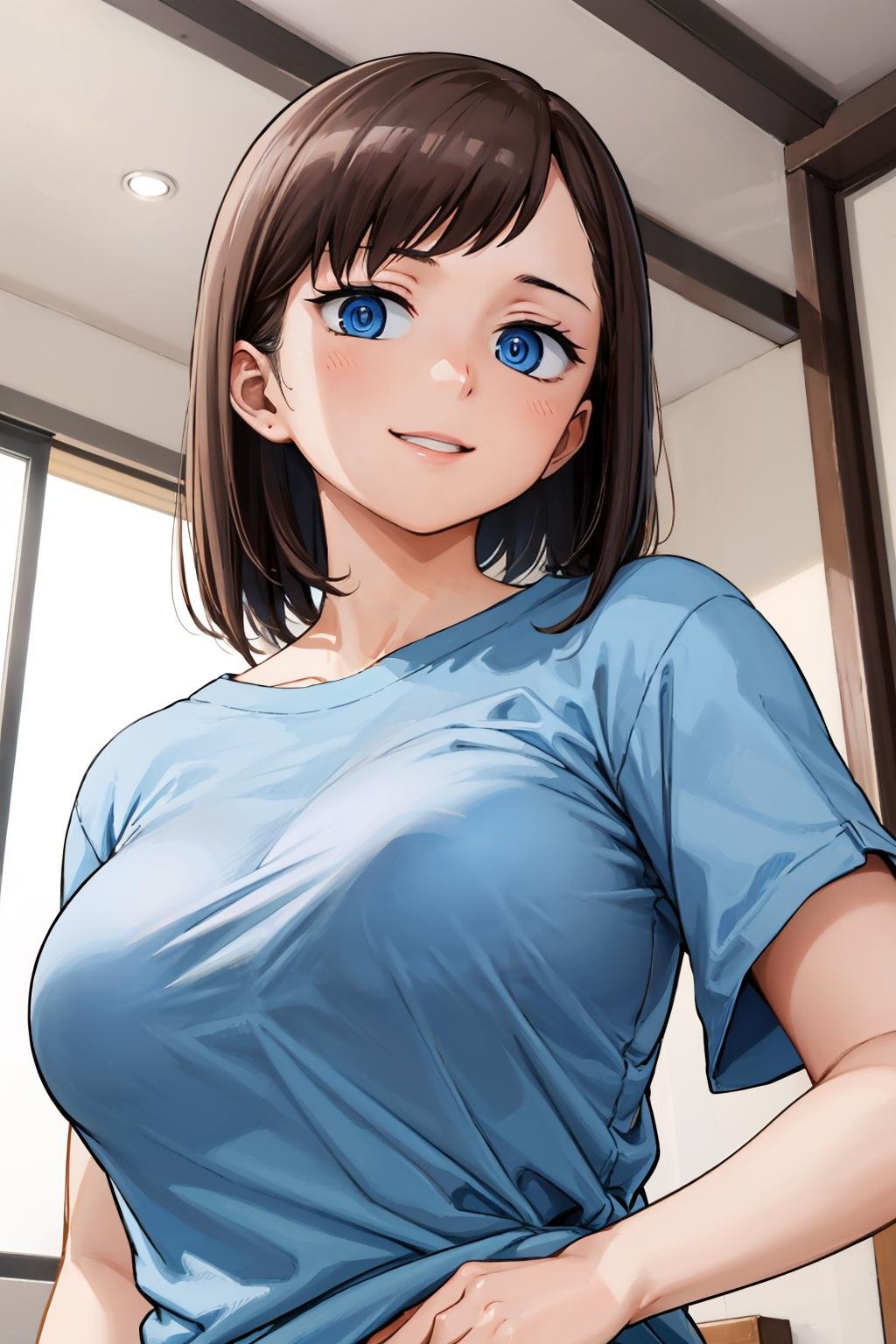 masterpiece, best quality, <lora:ichikawakana-nvwls-v1-000010:0.9> ichikawakana, grey t-shirt, upper body, large breasts, looking at viewer, from below, portrait, smile, @_@