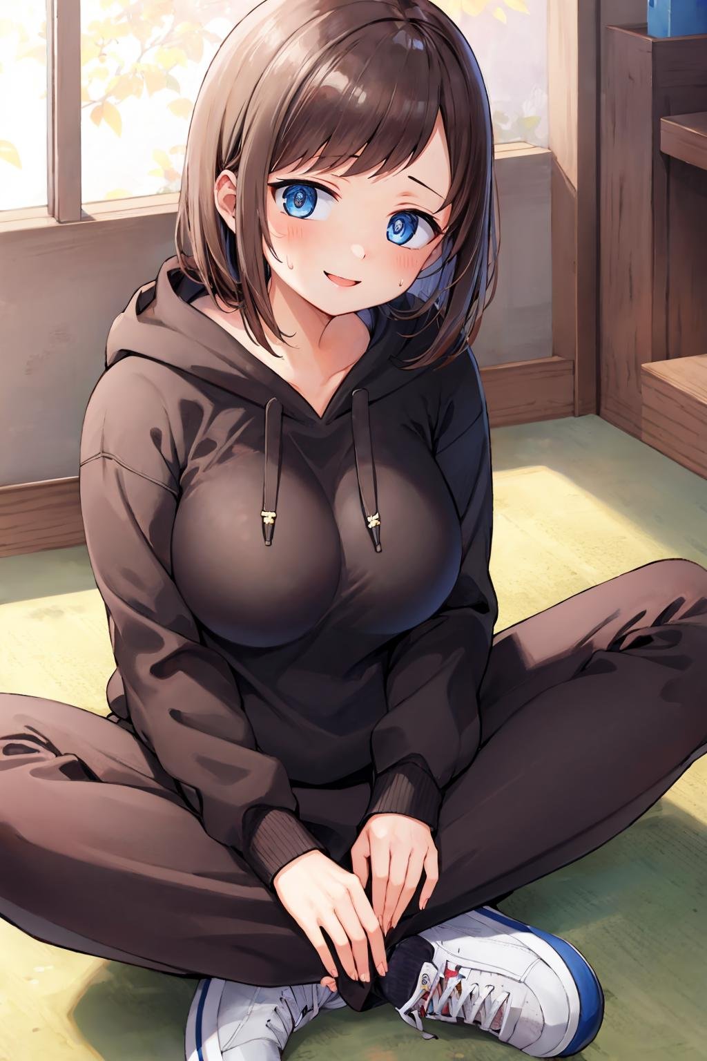 masterpiece, best quality, <lora:ichikawakana-nvwls-v1-000010:1> ichikawakana, black hoodie, sitting on the ground, sweatpants, lotus position, large breasts, looking at viewer, ringed eyes, from above, smile, indoors, sneakers