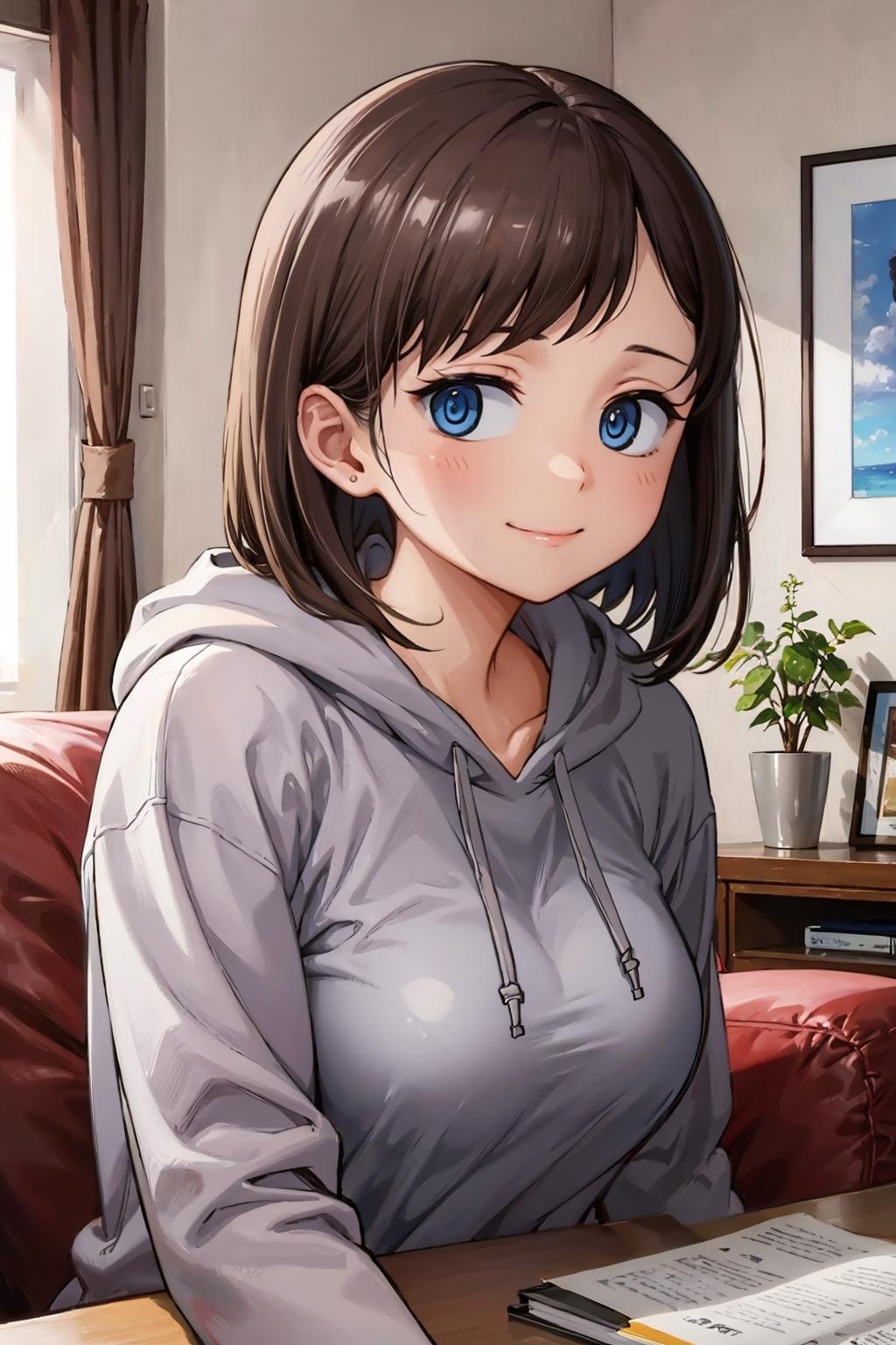 masterpiece, best quality, <lora:ichikawakana-nvwls-v1-000010:0.9> ichikawakana, grey hoodie, upper body, large breasts, looking at viewer, smile, indoors, living room, closed mouth