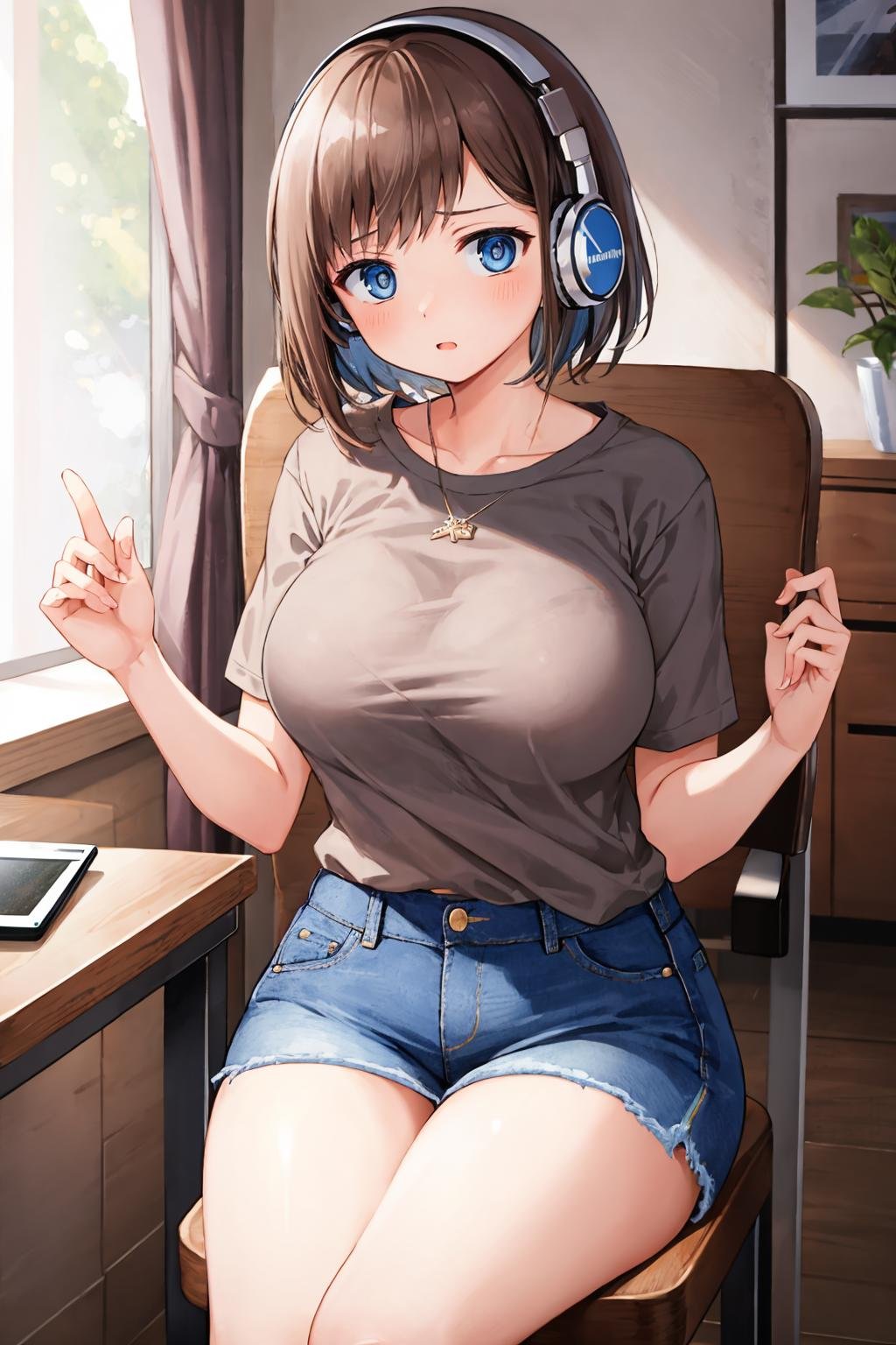 masterpiece, best quality, <lora:ichikawakana-nvwls-v1-000010:0.9> ichikawakana, grey t-shirt, jeans, headphones, cowboy shot, large breasts, looking at viewer, @_@, sitting, table, chair