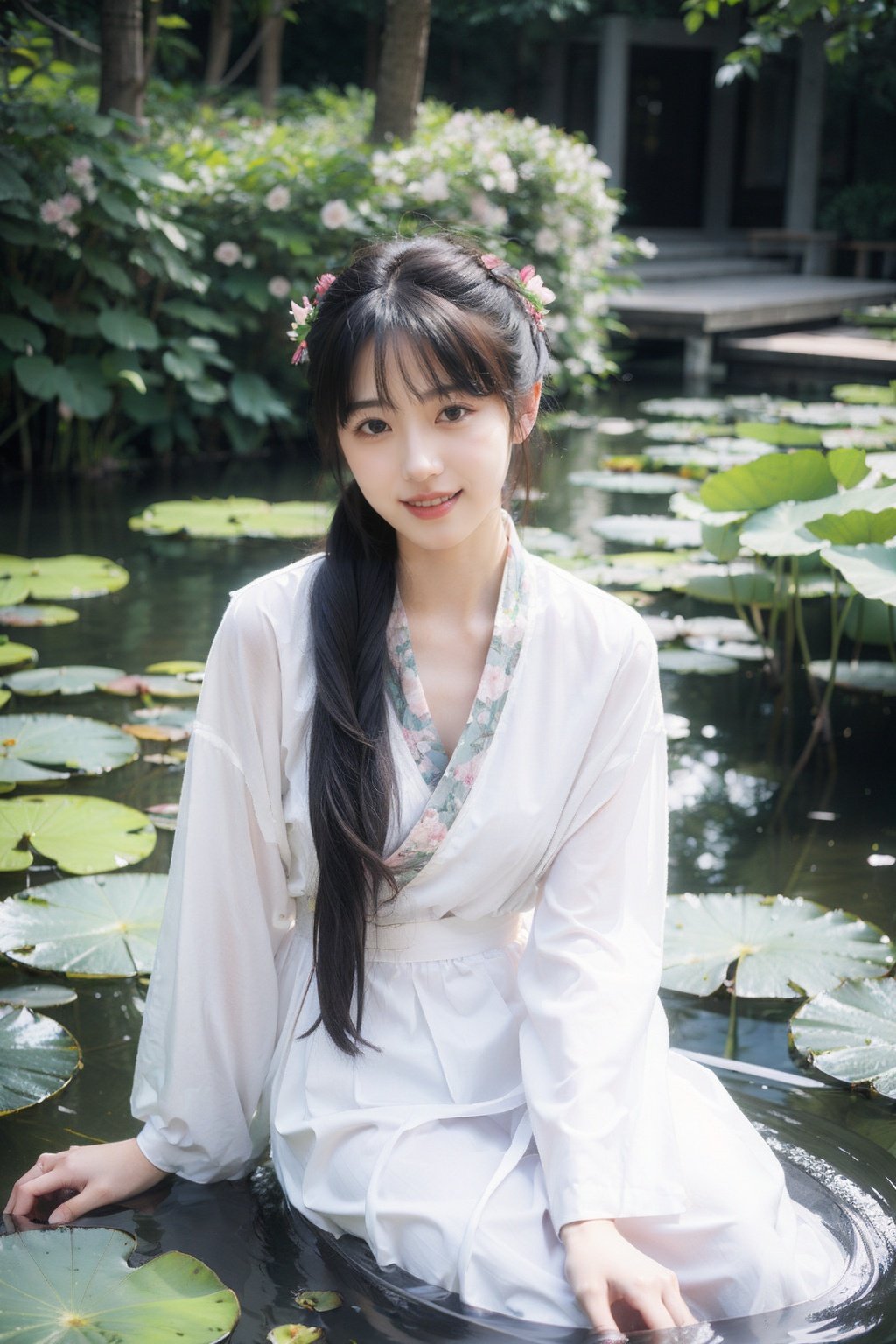 1girl,moyou,masterpiece,best quality,summerstyle,lotusstyle,1girl,black hair,solo,realistic,smile,hair ornament,flower,teeth,chinese clothes,grin,lotus,lily pad,hanfu,