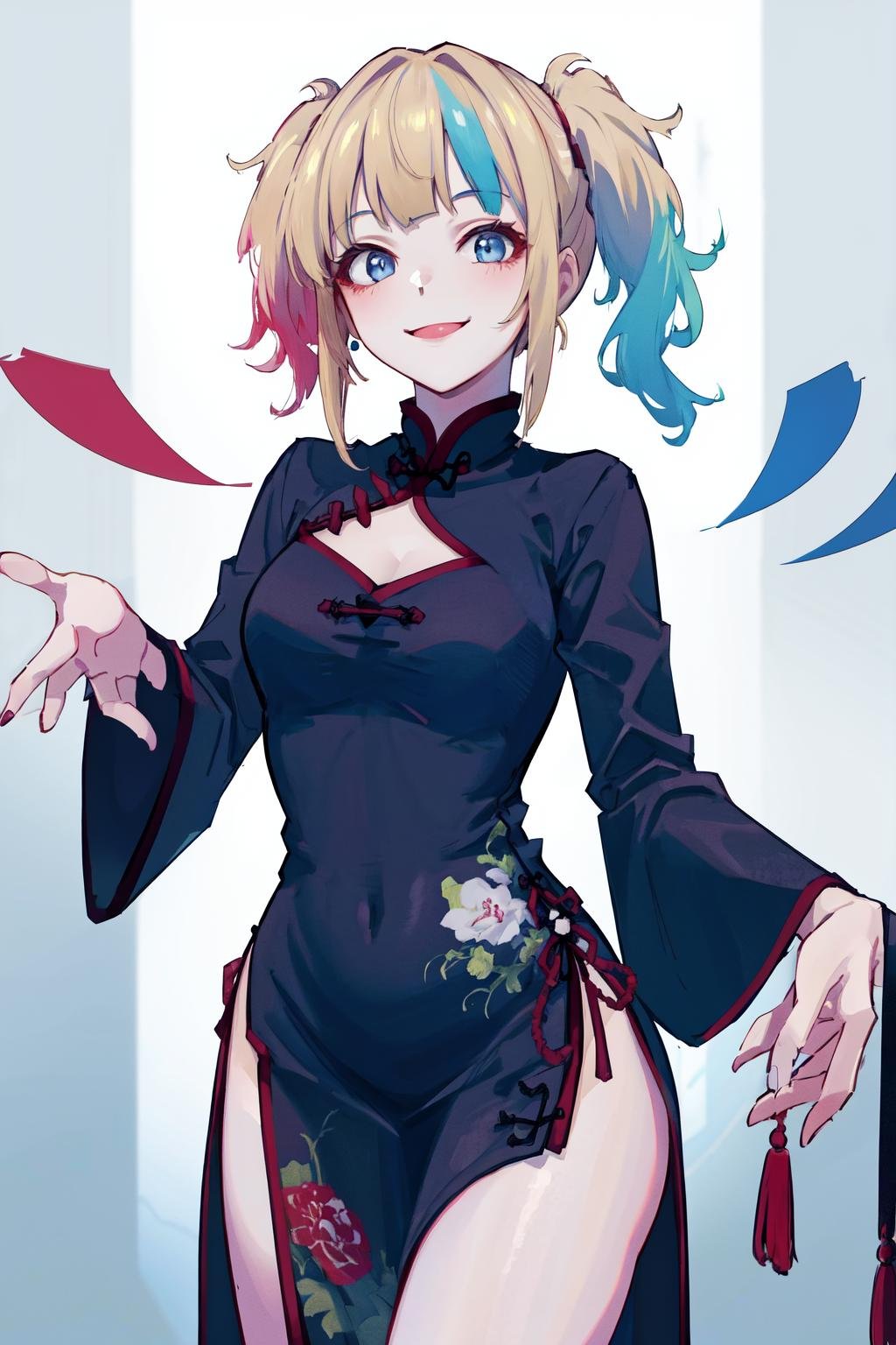 masterpiece, best quality, highres, 1girl <lora:suicide_squad_isekai_harley_quinn_no_outfit:1> china dress, smile