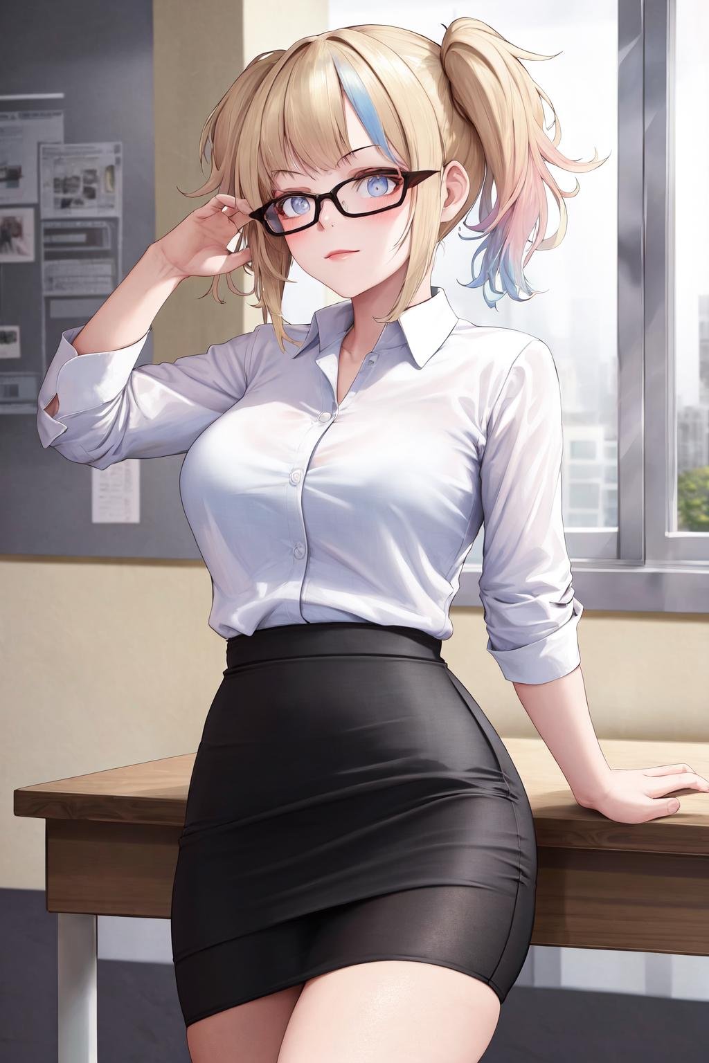 masterpiece, best quality, highres, 1girl <lora:suicide_squad_isekai_harley_quinn_no_outfit:1> white shirt, glasses, pencil skirt