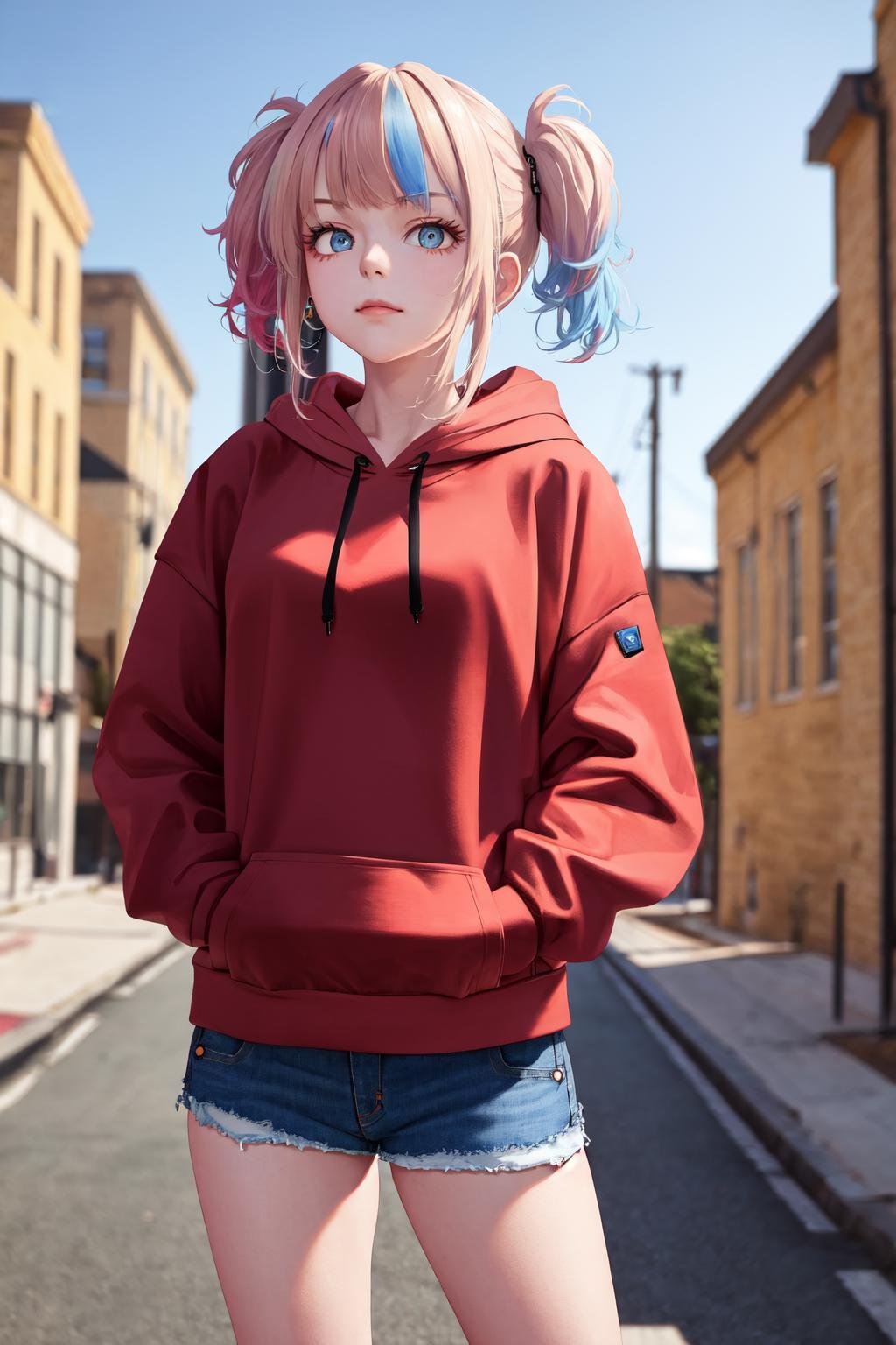 masterpiece, best quality, highres, 1girl <lora:suicide_squad_isekai_harley_quinn_no_outfit:1> hoodie, denim shorts, hands in pockets