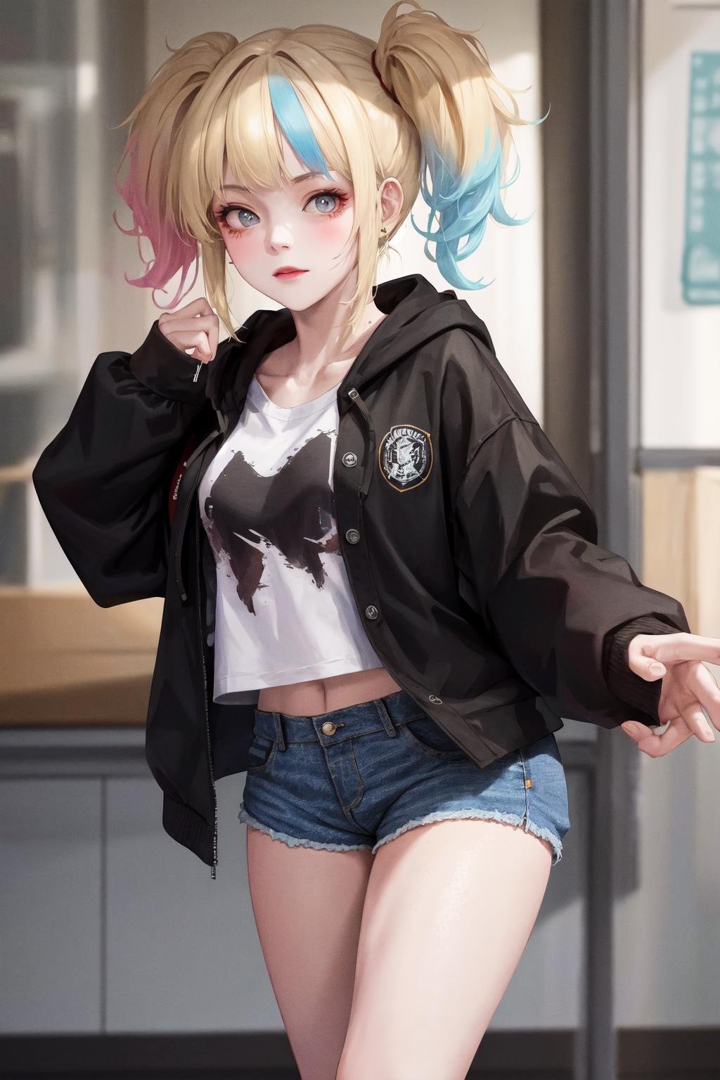 masterpiece, best quality, highres, 1girl <lora:suicide_squad_isekai_harley_quinn_no_outfit:1> hoodie, denim shorts