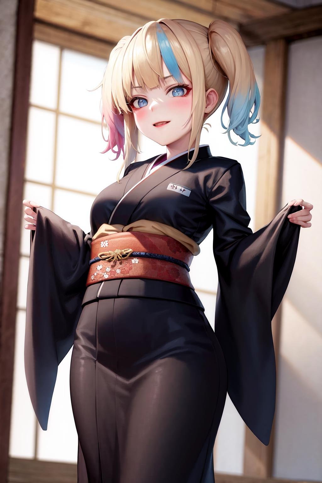 masterpiece, best quality, highres, 1girl <lora:suicide_squad_isekai_harley_quinn_no_outfit:1> kimono