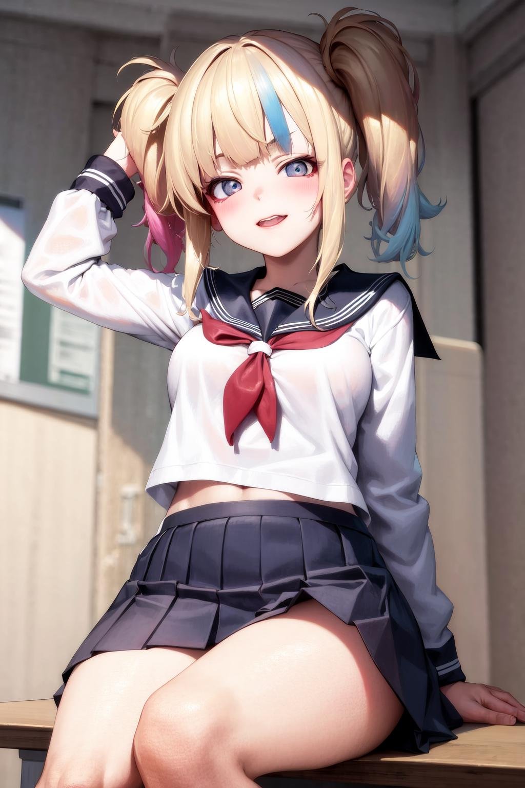 masterpiece, best quality, highres, 1girl <lora:suicide_squad_isekai_harley_quinn_no_outfit:1> white shirt, serafuku, school uniform