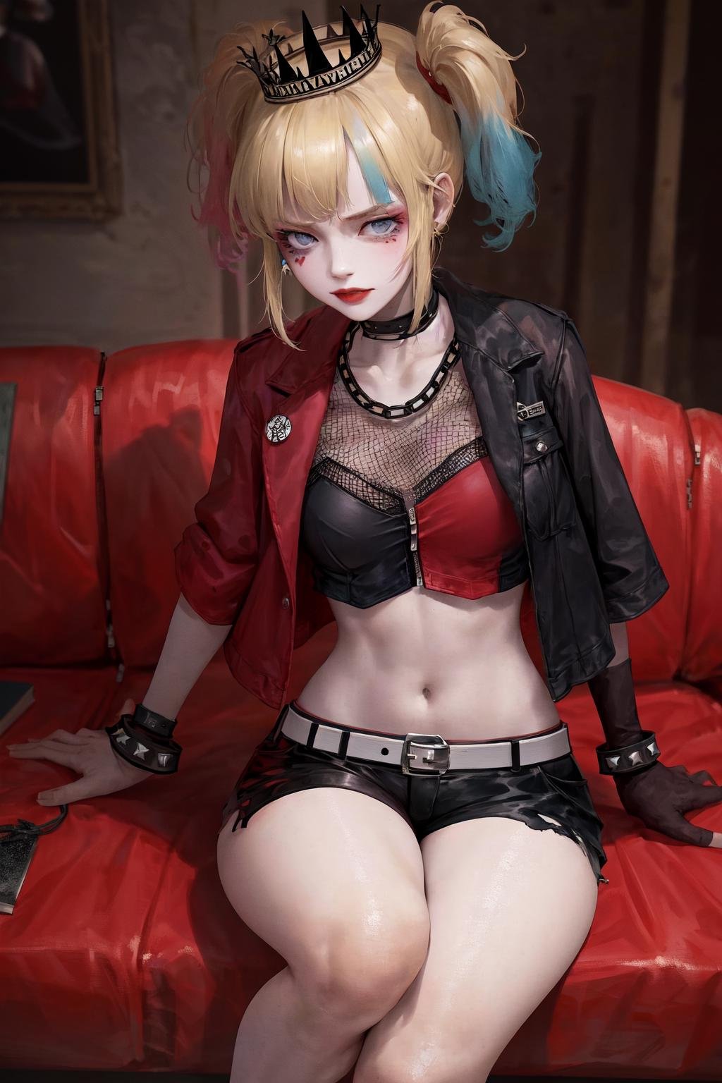 masterpiece, best quality, highres, 1girl, choker crown open jacket short sleeves shorts midriff studded belt fishnets chain gloves bracelet <lora:suicide_squad_isekai_harley_quinn:1> sitting