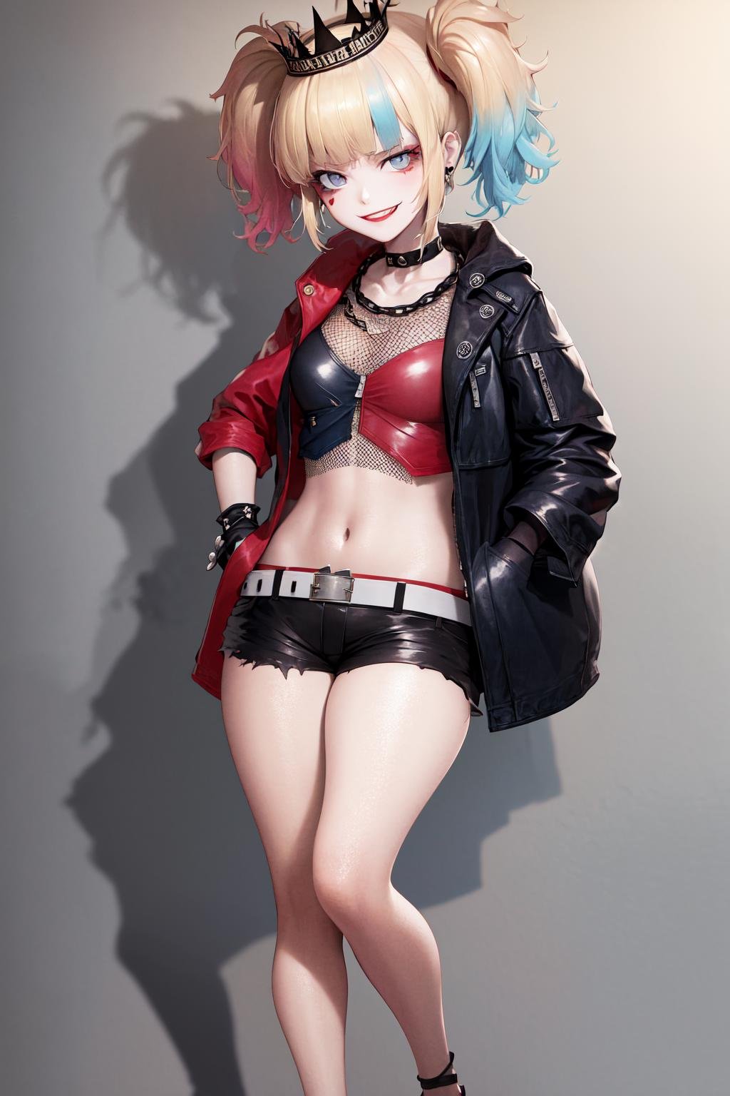 masterpiece, best quality, highres, 1girl, choker crown open jacket short sleeves shorts midriff studded belt fishnets chain gloves bracelet <lora:suicide_squad_isekai_harley_quinn:1> smile, hands in pockets