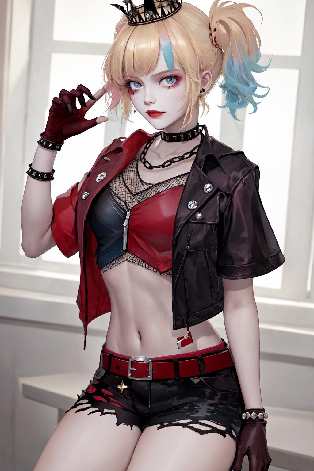 masterpiece, best quality, highres, 1girl, choker crown open jacket short sleeves shorts midriff studded belt fishnets chain gloves bracelet <lora:suicide_squad_isekai_harley_quinn:1>