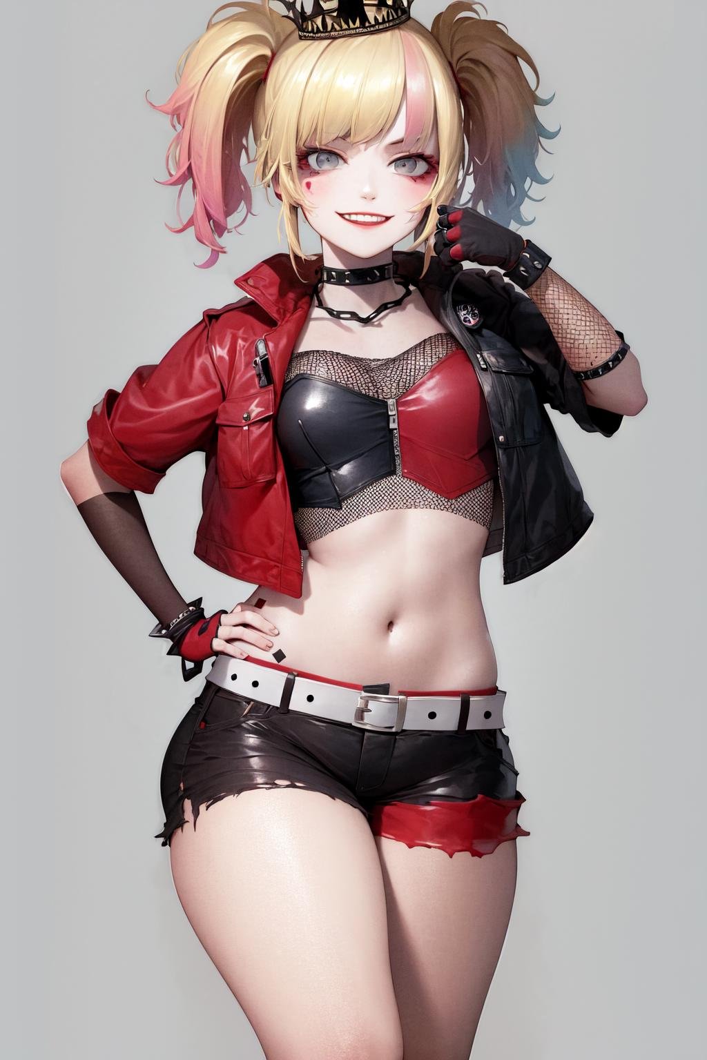 masterpiece, best quality, highres, 1girl, choker crown open jacket short sleeves shorts midriff studded belt fishnets chain gloves bracelet <lora:suicide_squad_isekai_harley_quinn:1> hand on hip, smile