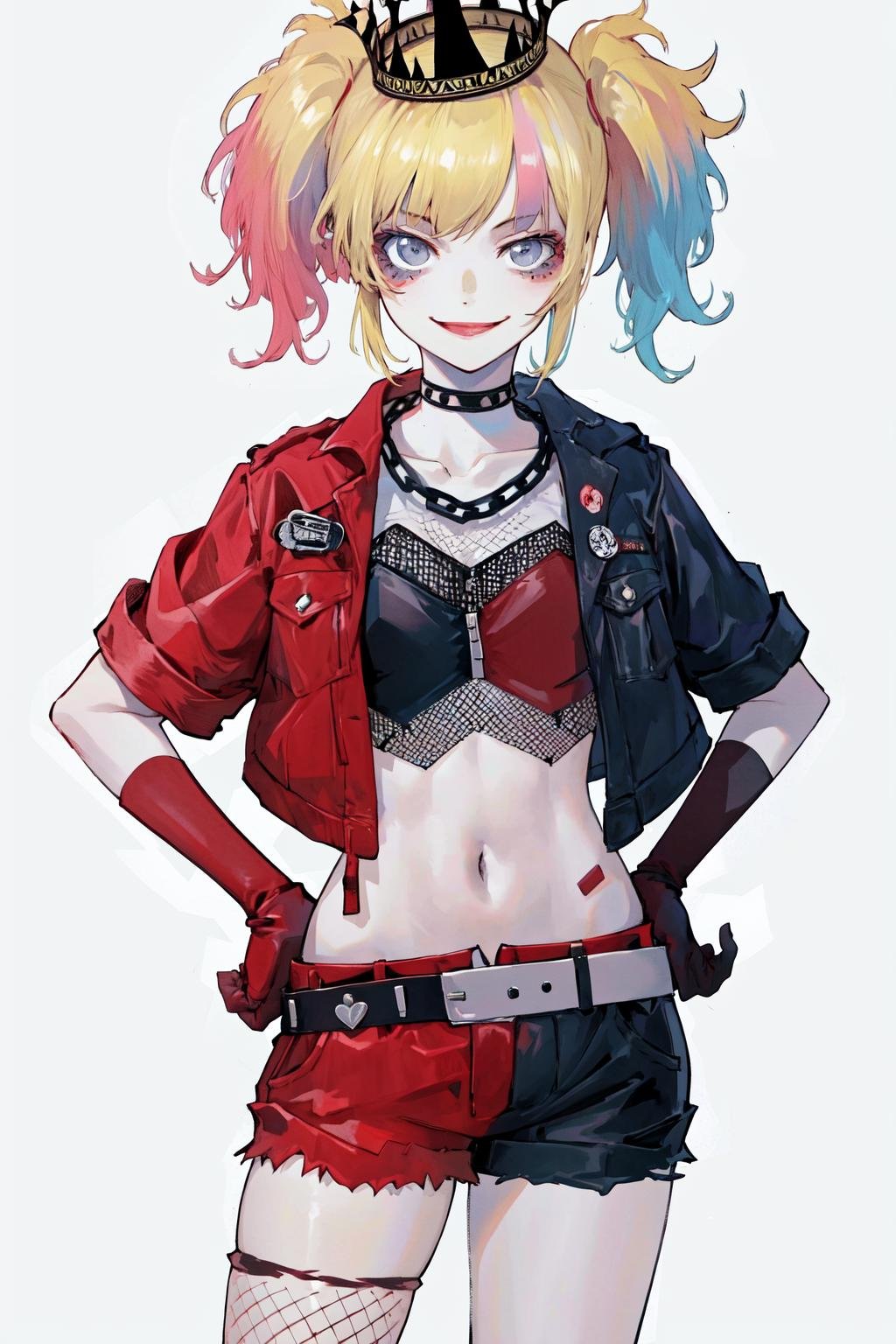 masterpiece, best quality, highres, 1girl, choker crown open jacket short sleeves shorts midriff studded belt fishnets chain gloves bracelet <lora:suicide_squad_isekai_harley_quinn:1> hand on hip, standing, smile, simple background