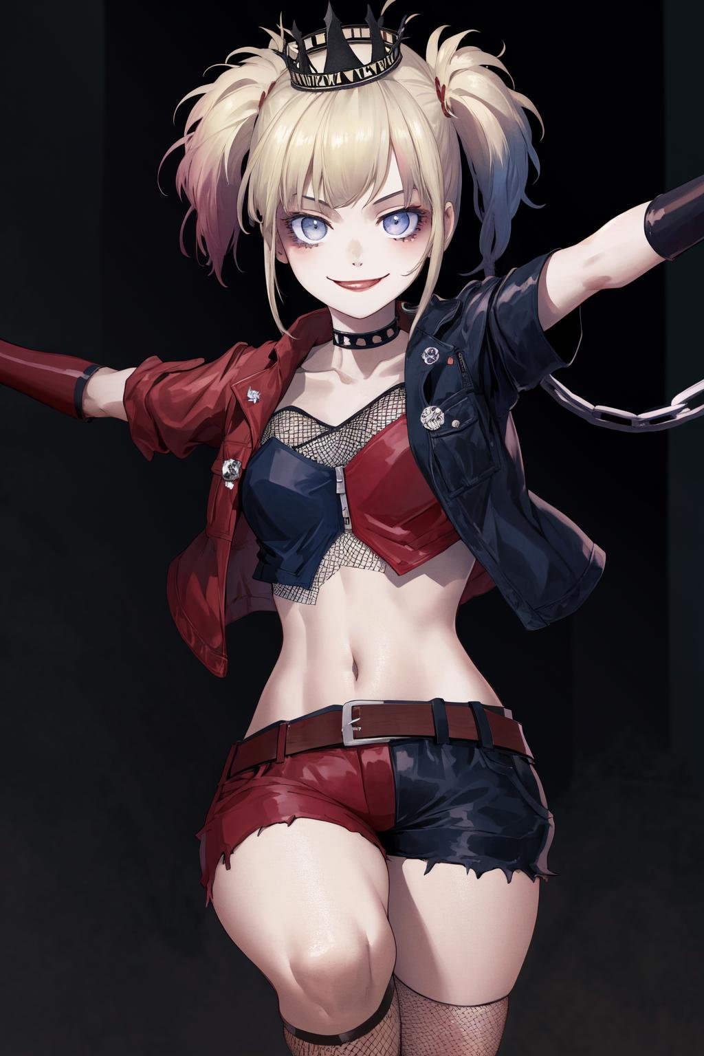 masterpiece, best quality, highres, 1girl, choker crown open jacket short sleeves shorts midriff studded belt fishnets chain gloves bracelet <lora:suicide_squad_isekai_harley_quinn:1> outstretched arms, reaching out, smile