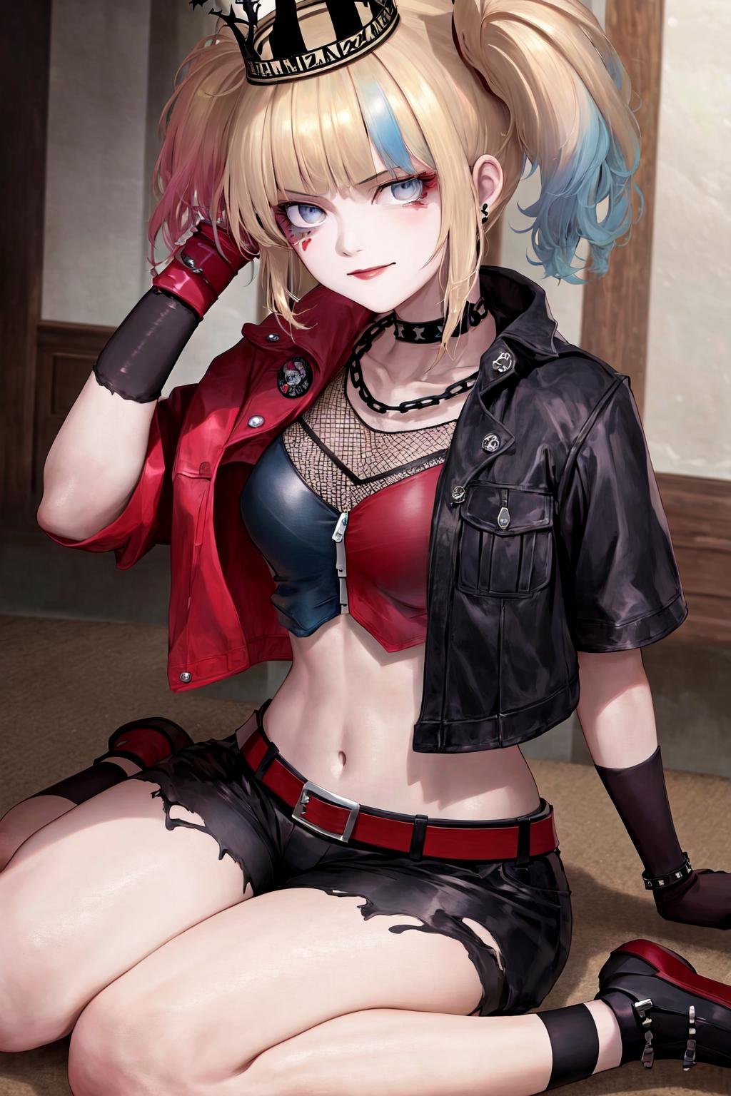 masterpiece, best quality, highres, 1girl, choker crown open jacket short sleeves shorts midriff studded belt fishnets chain gloves bracelet <lora:suicide_squad_isekai_harley_quinn:1> sitting, wariza, arm support