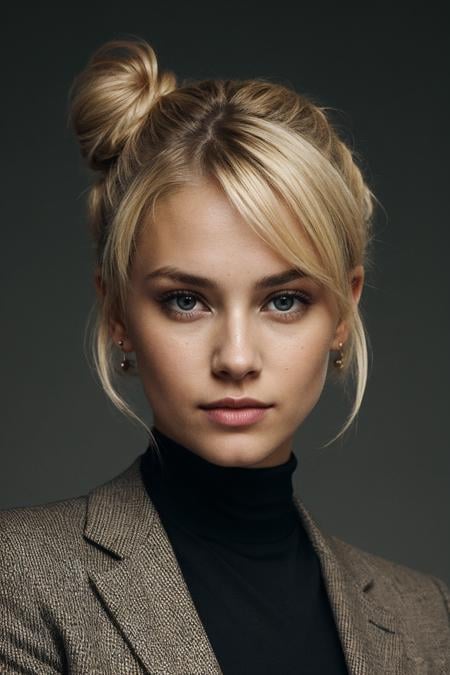 an eye contact of a blond with bun hair and dark theme