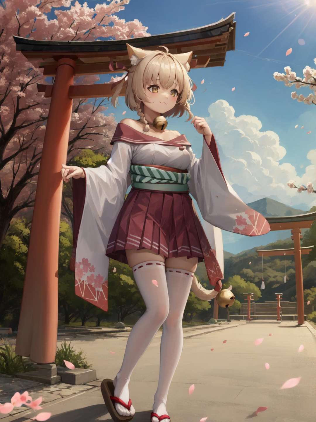 SLE, mksks style, detailed background absurdres, highres, solo, 1girl, michishio, default, braid, single braid, hair ribbon, red ribbon, bell, jingle bell, neck bell, japanese clothes, bare shoulders, off shoulder, white shirt, red sailor collar, wide sleeves, long sleeves, ribbon-trimmed sleeves, hakama short skirt, pleated skirt, red skirt, white thighhighs, ribbon-trimmed legwear, ribbon trim, tareme, tassel, obi, sandals, sash, standing, smile, :3, looking away, full body, east asian architecture, torii, trees, cherry blossoms, petals, falling petals, blue sky, sunlight, outdoors