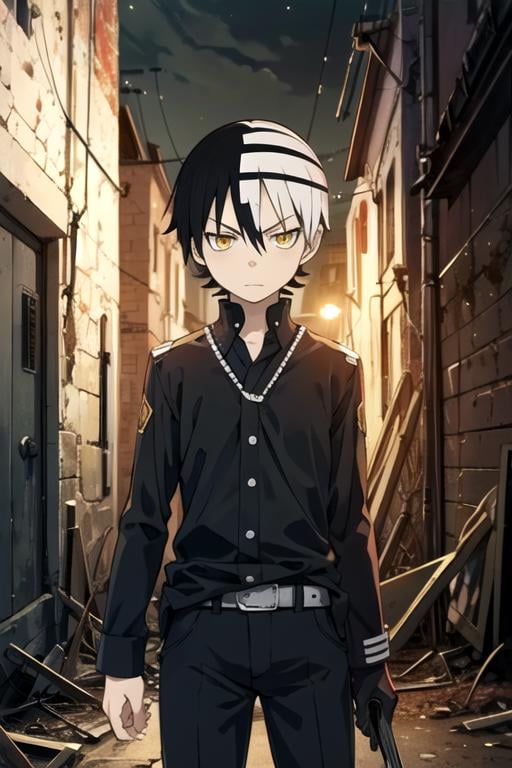 masterpiece, best quality, game cg, 1boy, solo, male focus, looking at viewer, , depth of field, , , <lora:death_the_kid_soul_eater:0.70>, death_the_kid_soul_eater, black hair, yellow eyes, , , white hair, captain costume, science fiction apocalyptic and post-apocalyptic,