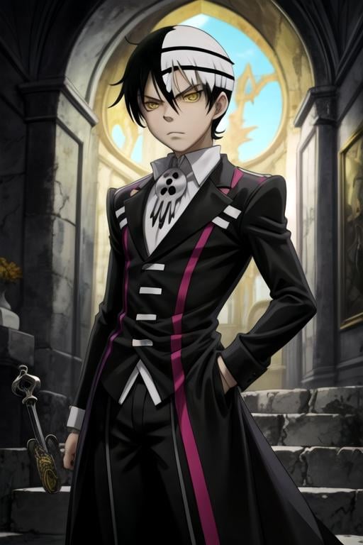 masterpiece, best quality, , 1boy, solo, male focus, looking at viewer, , , anime coloring, , <lora:death_the_kid_soul_eater:0.74>, death_the_kid_soul_eater, black hair, yellow eyes, multicolored hair, two-tone hair, white hair, gothic costume, court,