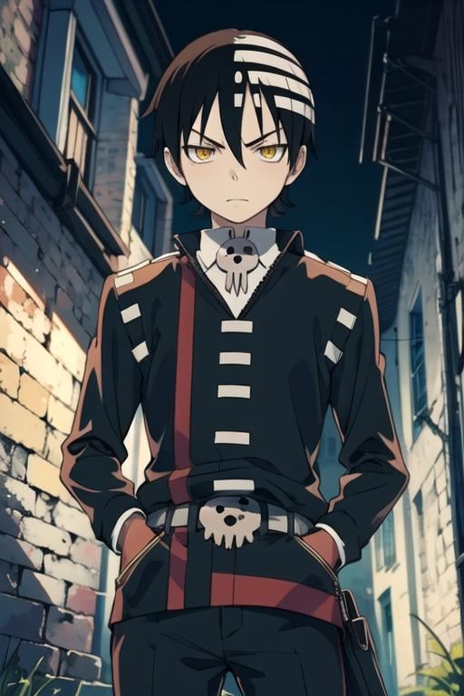 masterpiece, best quality, illustration, 1boy, solo, male focus, looking at viewer, , , , , <lora:death_the_kid_soul_eater:0.66>, death_the_kid_soul_eater, black hair, yellow eyes, , thief costume, sci-fi, 16k resolution