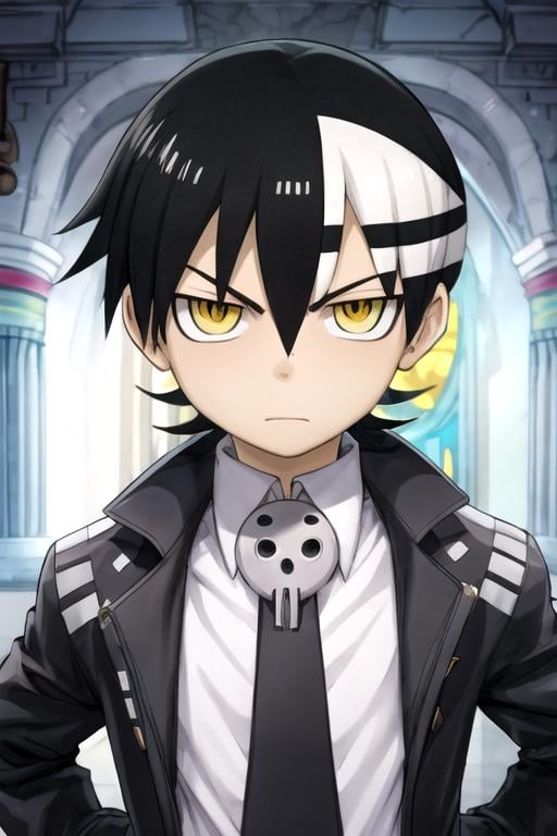 masterpiece, best quality, , 1boy, solo, male focus, looking at viewer, upper body, , , , <lora:death_the_kid_soul_eater:0.74>, death_the_kid_soul_eater, black hair, yellow eyes, two-tone hair, white hair, , science fiction cyberpunk, 16k resolution