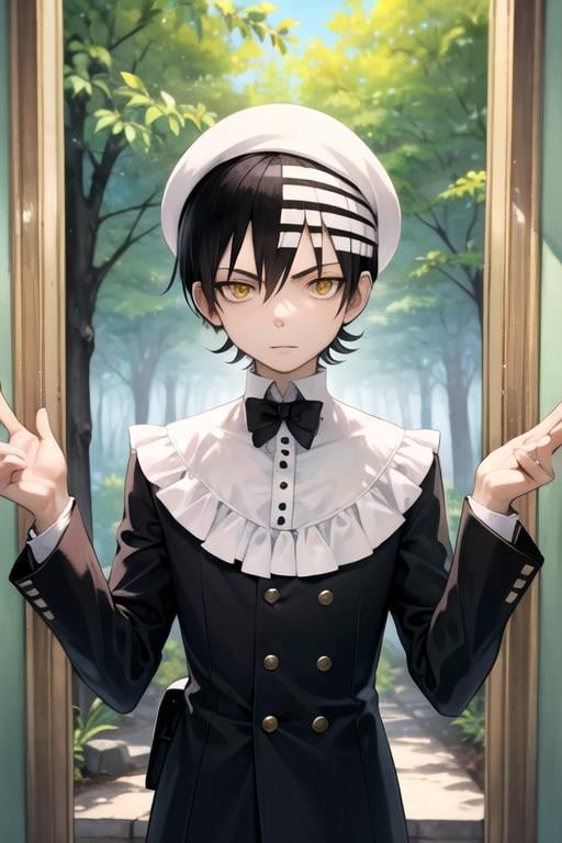 masterpiece, best quality, illustration, 1boy, solo, male focus, looking at viewer, , depth of field, (watercolor illustration, soft pastel colors:1.1), , <lora:death_the_kid_soul_eater:0.74>, death_the_kid_soul_eater, black hair, yellow eyes, two-tone hair, white hair, , beret, The Forest of Mirrors: A place where reality is distorted and nothing is as it seems, 32k resolution