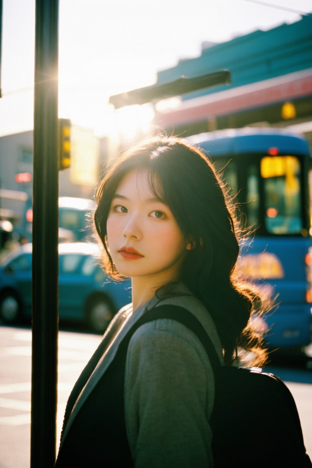 photo of a beautiful young woman waiting for the bus in downtown Seattle, hyper-realistic, soft focus, pose, film/cinematic photo, dynamic, natural, good lighting, 35 mm, good proportions,dream_girl