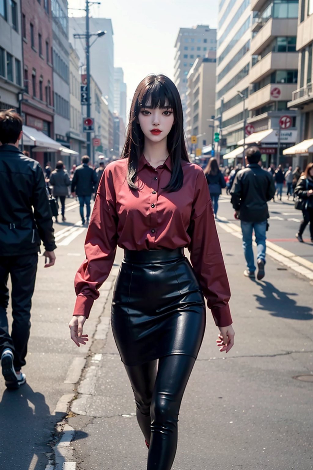 Jiyoung, 1girl, solo, red lip, pale skin, walk in city,   <lora:JiyoungYooV.2-000004:0.8>