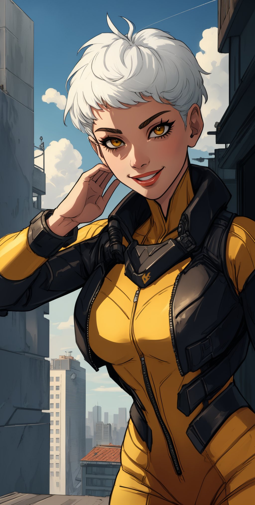 Valk,white hair,short hair,brown eyes,
(yellow shades:1.5),orange bodysuit,
smile,
upper body,standing,
outside,clouds,rooftop,cyberpunk,
(insanely detailed, beautiful detailed face, masterpiece, best quality) solo,,