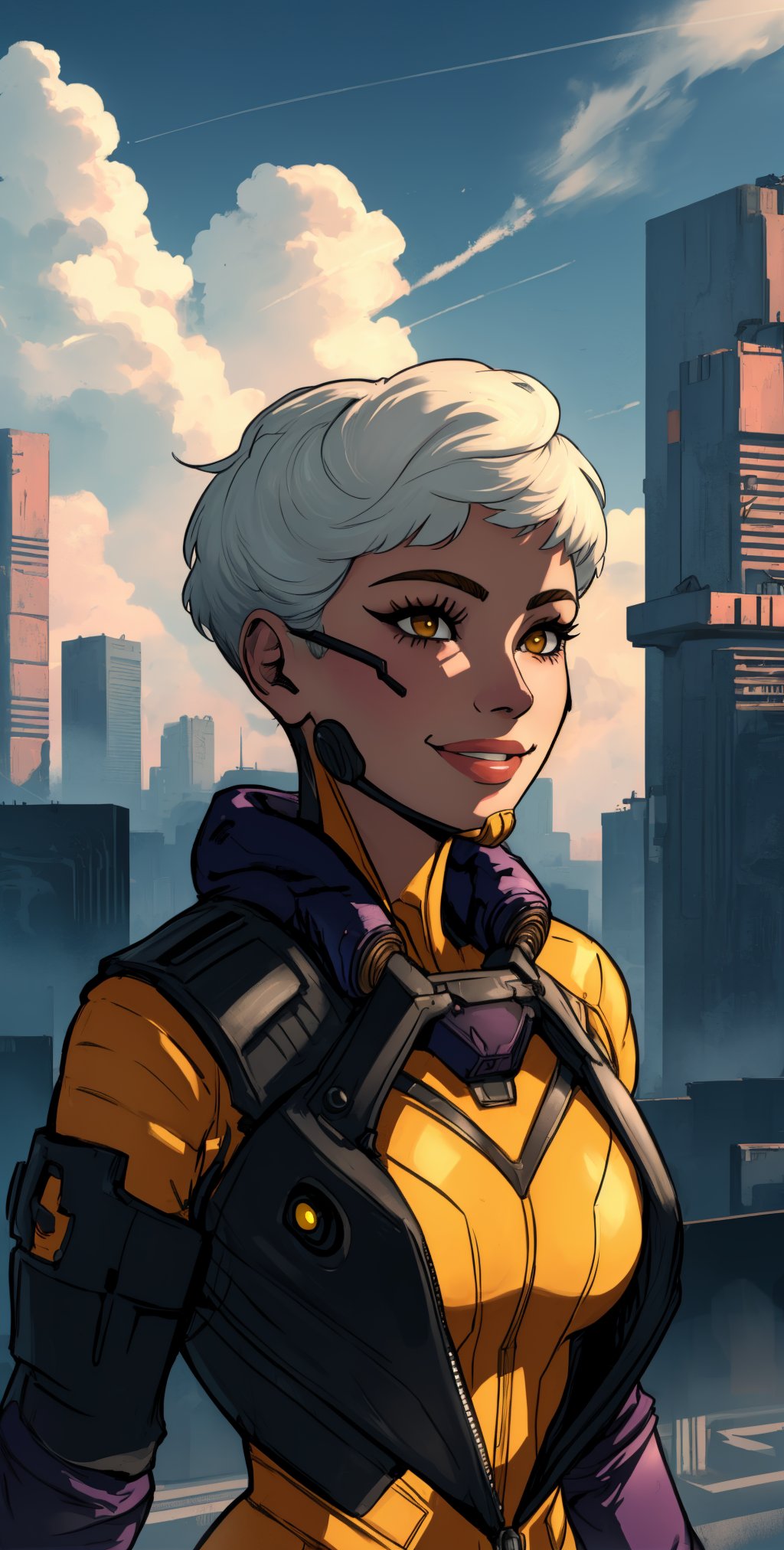 Valk,white hair,short hair,brown eyes,
(yellow shades:1.5),orange bodysuit,
smile,
upper body,standing,
outside,clouds,rooftop,cyberpunk,
(insanely detailed, beautiful detailed face, masterpiece, best quality) solo,,