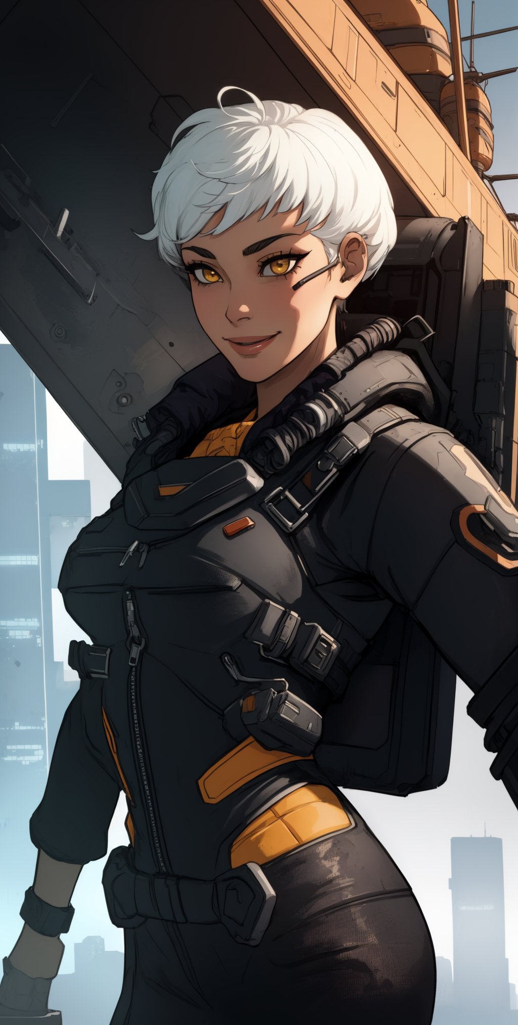 Valk, white hair, short hair, 
yellow shades, orange body suit,  jetpack
smile, 
 upper body,  standing, 
cyberpunk, airship, 
 (insanely detailed, beautiful detailed face, masterpiece, best quality) solo,  