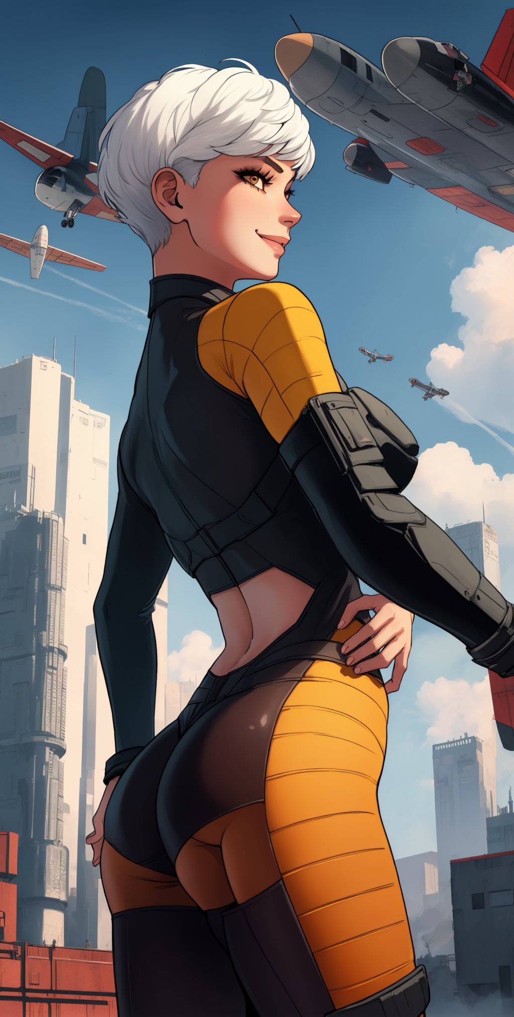 Valk, white hair, short hair, brown eyes, 
orange bodysuit,   ass,   leaning forward, 
smile,  covered navel,  tight, camel toe,  pose, 
 upper body,  standing,    from behind, looking back, 
 outside, clouds,  cyberpunk,  airbase, 
 (insanely detailed, beautiful detailed face, masterpiece, best quality) solo,  