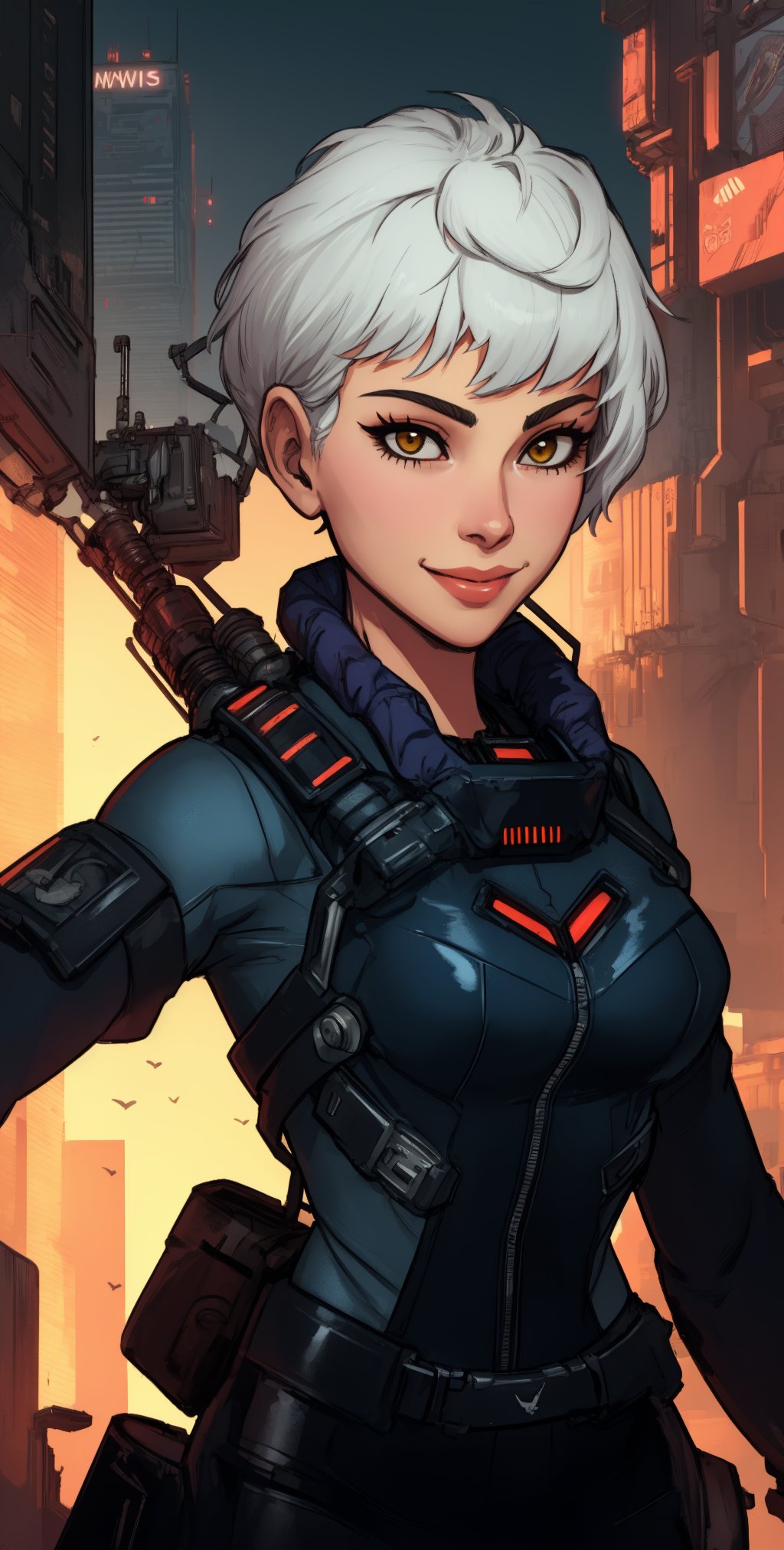 Valk, white hair, short hair, 
yellow shades, orange body suit,  jetpack
smile, 
 upper body,  standing, 
cyberpunk, airship, 
 (insanely detailed, beautiful detailed face, masterpiece, best quality) solo,  