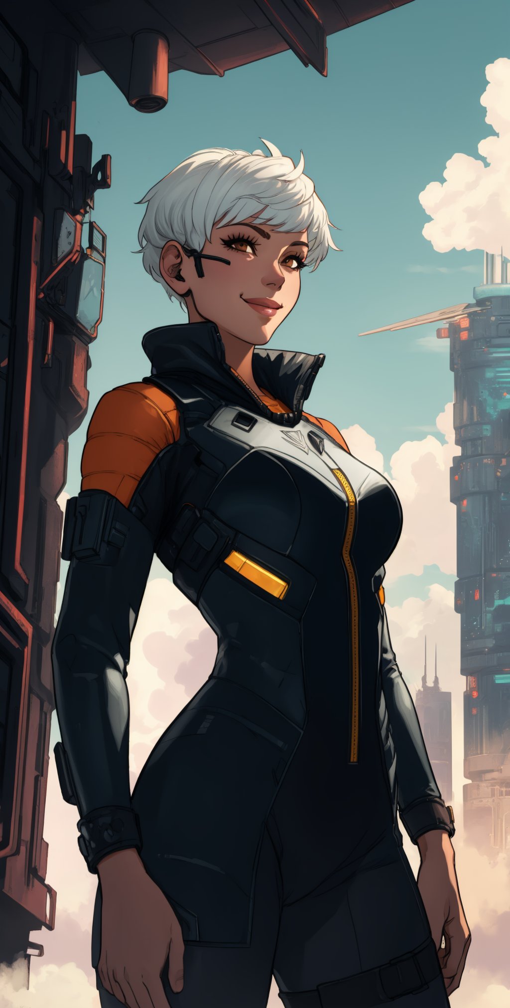 Valk, white hair, short hair, brown eyes, 
orange bodysuit,  
smile,   tight, 
 upper body,  standing,    cowboy shot, 
 outside, clouds,  cyberpunk,  airbase, 
 (insanely detailed, beautiful detailed face, masterpiece, best quality) solo,  