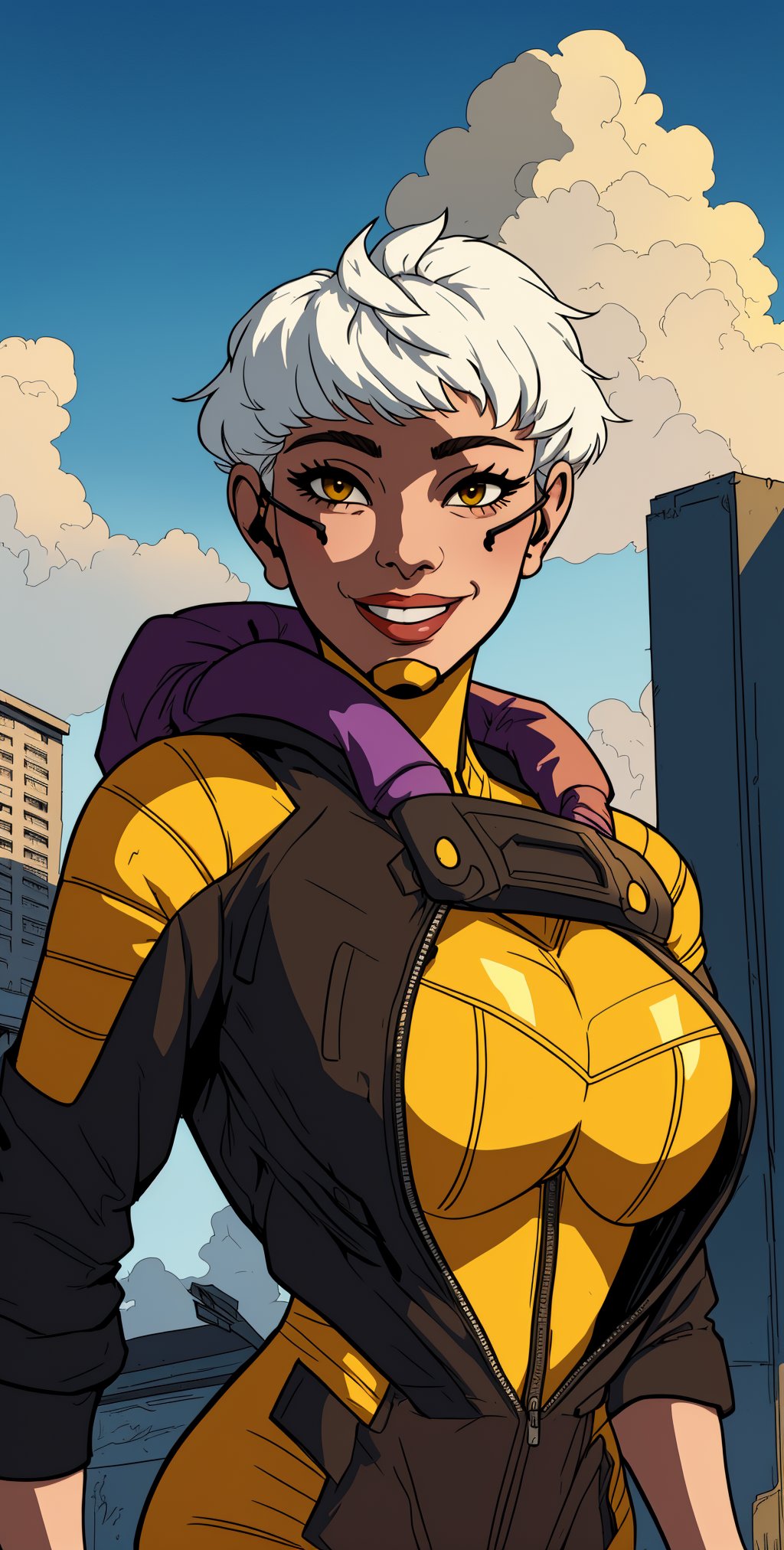 Valk,white hair,short hair,brown eyes,
(yellow shades:1.5),orange bodysuit,
smile,
upper body,standing,
outside,clouds,rooftop,cyberpunk,
(insanely detailed, beautiful detailed face, masterpiece, best quality) solo,,