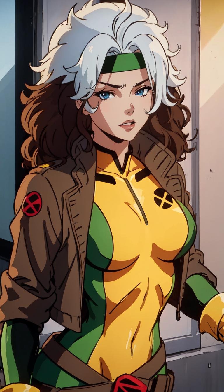 CARTOON_X_MENs_Rogue,ownwaifu,long hair,breasts,brown hair,green eyes,lipstick,makeup,lips,white hair,two-tone hair,headband,wavy hair,large breasts,messy hair,curly hair,big_hair, yellow bodysuit,jacket,gloves,belt,yellow gloves,green bodysuit,bodysuit,multicolored bodysuit,superhero, skin tight,multicolored clothes,  <lora:CARTOON_X_MEN90s_Rogue-15:1>, 1girl, solo, looking at viewer,straight-on, upper body, official art, highres, scenery, (masterpiece:1.1), (best quality,:1.1), (high quality:1.1), (anime screencap:1.2),