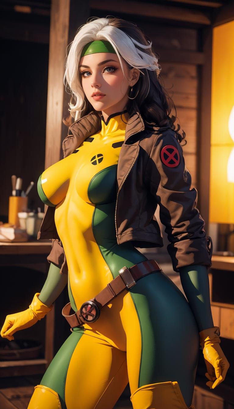 CARTOON_X_MENs_Rogue,ownwaifu,long hair,breasts,brown hair,green eyes,lipstick,makeup,lips,white hair,two-tone hair,headband,wavy hair,large breasts,messy hair,curly hair,big_hair,yellow bodysuit,jacket,gloves,belt,yellow gloves,green bodysuit,bodysuit,multicolored bodysuit,superhero, skin tight,multicolored clothes, <lora:CARTOON_X_MEN90s_Rogue-15:1>official art,extremely detailed CG unity 8k wallpaper, perfect lighting,Colorful, Bright_Front_face_Lighting,shiny skin, (masterpiece:1.0),(best_quality:1.0), ultra high res,4K,ultra-detailed, photography, 8K, HDR, highres, (absurdres:1.2), Kodak portra 400, film grain, blurry background, (bokeh:1.2), lens flare, (vibrant_color:1.2),professional photograph, (beautiful_face:1.5),