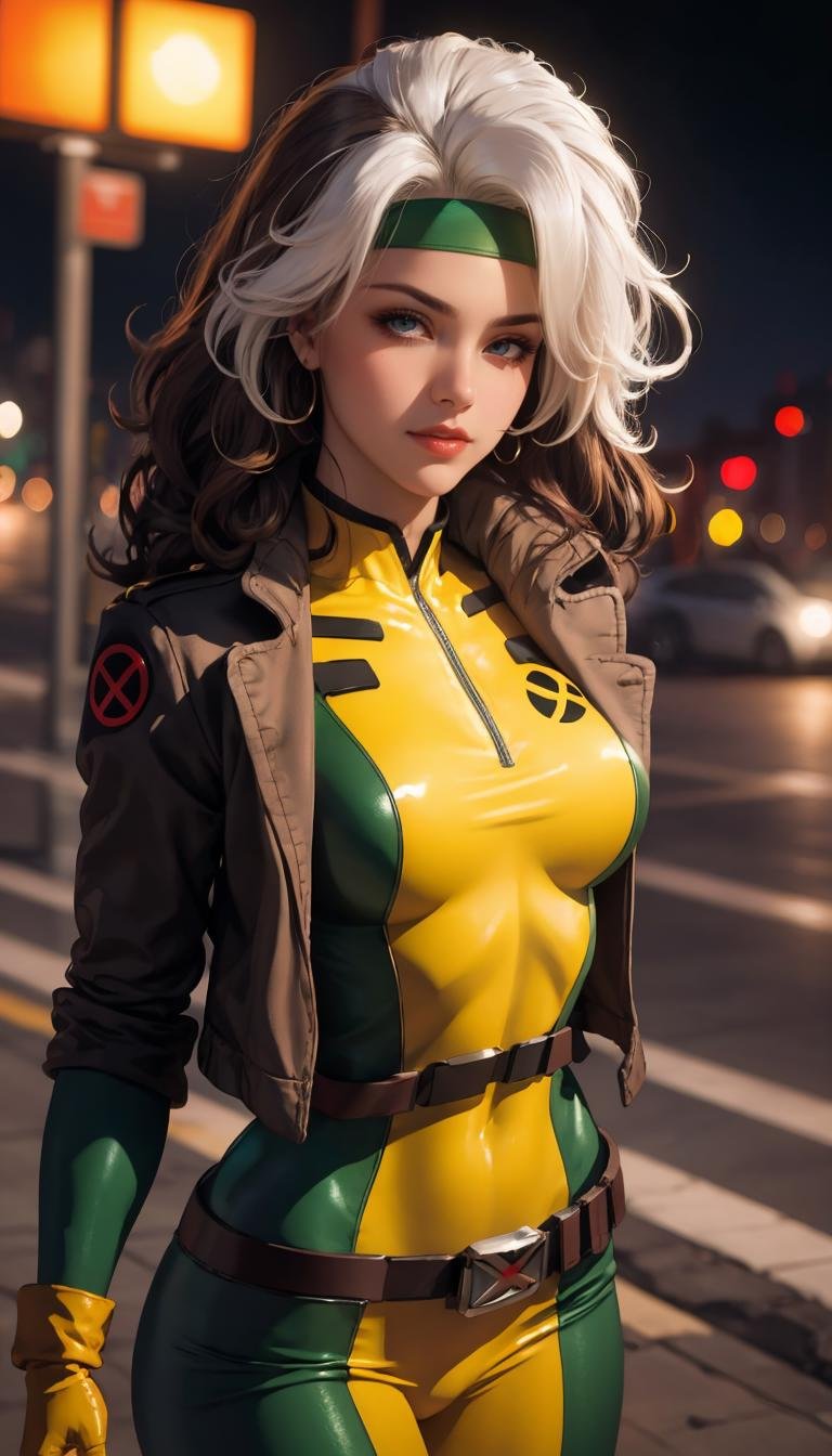 CARTOON_X_MENs_Rogue,ownwaifu,long hair,breasts,brown hair,green eyes,lipstick,makeup,lips,white hair,two-tone hair,headband,wavy hair,large breasts,messy hair,curly hair,big_hair, yellow bodysuit,jacket,gloves,belt,yellow gloves,green bodysuit,bodysuit,multicolored bodysuit,superhero, skin tight,multicolored clothes, <lora:CARTOON_X_MEN90s_Rogue-15:0.9>, official art,extremely detailed CG unity 8k wallpaper, perfect lighting,Colorful, Bright_Front_face_Lighting,shiny skin, (masterpiece:1.0),(best_quality:1.0), ultra high res,4K,ultra-detailed, photography, 8K, HDR, highres, (absurdres:1.2), Kodak portra 400, film grain, blurry background, (bokeh:1.2), lens flare, (vibrant_color:1.2),professional photograph, (beautiful_face:1.5),