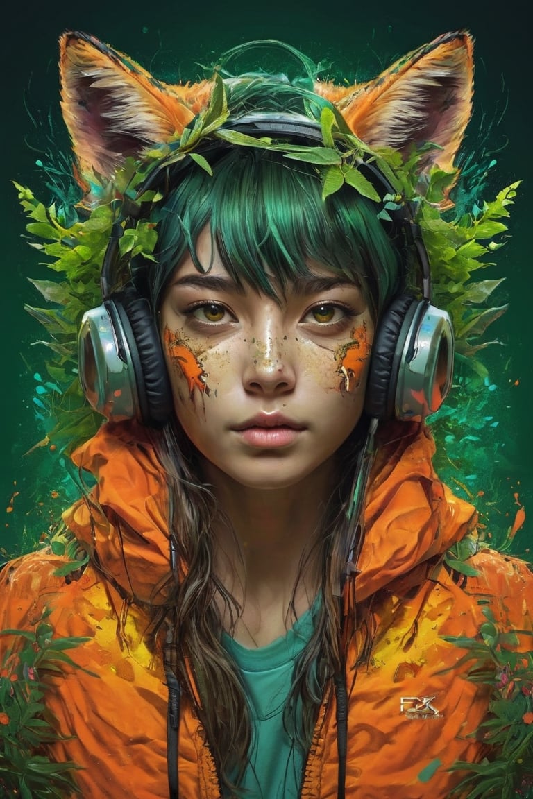 (masterpiece:1.1), (highest quality:1.1), (HDR:1.0), extreme quality, cg, (negative space), detailed face+eyes, 1girl, fox ears, animal ear fluff, (plants:1.18), (fractal art), (bright colors), splashes of color background, colors mashing, paint splatter, complimentary colors, neon, (thunder tiger), compassionate, electric, limited palette, synthwave, fine art, tan skin, upper body, (green and orange:1.2), time stop, sy3, SMM