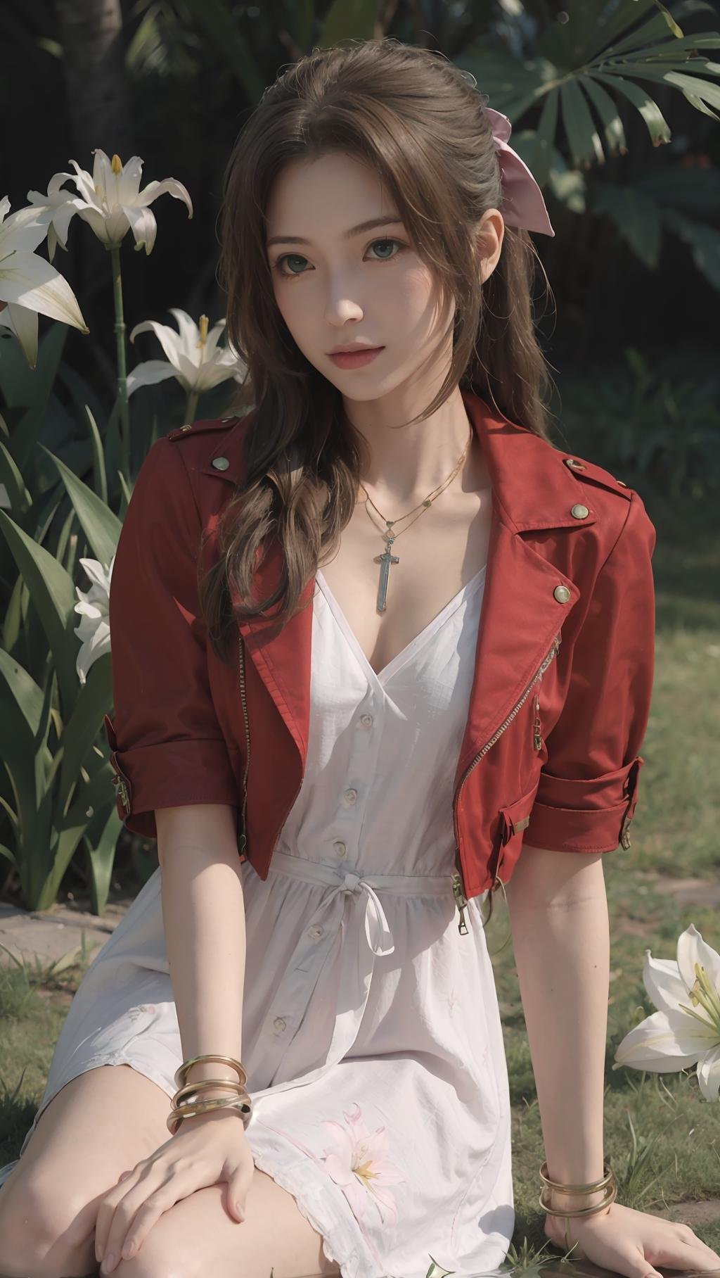 best quality,masterpiece,8k wallpaper,absurdres, highres, ultra detailed, (1 young beautiful girl, solo:1.1),aerith gainsborough \(cosplay\),red_jacket, necklace,brown_hair,long_hair,bracelet,pink_dress,hair_ribbon,flower, (lily (flower):1.3),sitting,grass, <lora:Aerith_ROLE:1>