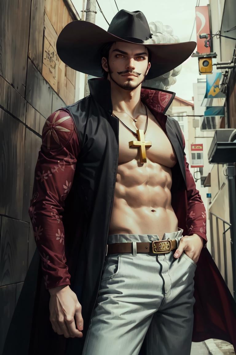 (masterpiece, best quality, ultra detailed, absurdres)1.5,  (<lora:ANIME_OP_dracule_mihawk_ownwaifu:0.9>,ANIME_OP_dracule_mihawk_ownwaifu,www.ownwaifu.com,1boy,hat,facial hair,jewelry,beard,necklace,abs,black hair,yellow eyes,belt,mustache,coat,muscular,pants,pectorals,open clothes,cross,goatee,pirate hat,cross necklace,long sideburns,sideburns,cape,open coat,bare pectorals,short hair,black headwear,pendant,spiked hair,manly,toned,fur trim,stubble,latin cross,long coat,navel,jacket,open_jacket,topless male,hat_feather,white_pants,thick_eyebrows,), (standing in an alleyway, modern city in background), perfect lighting, smooth, hdr