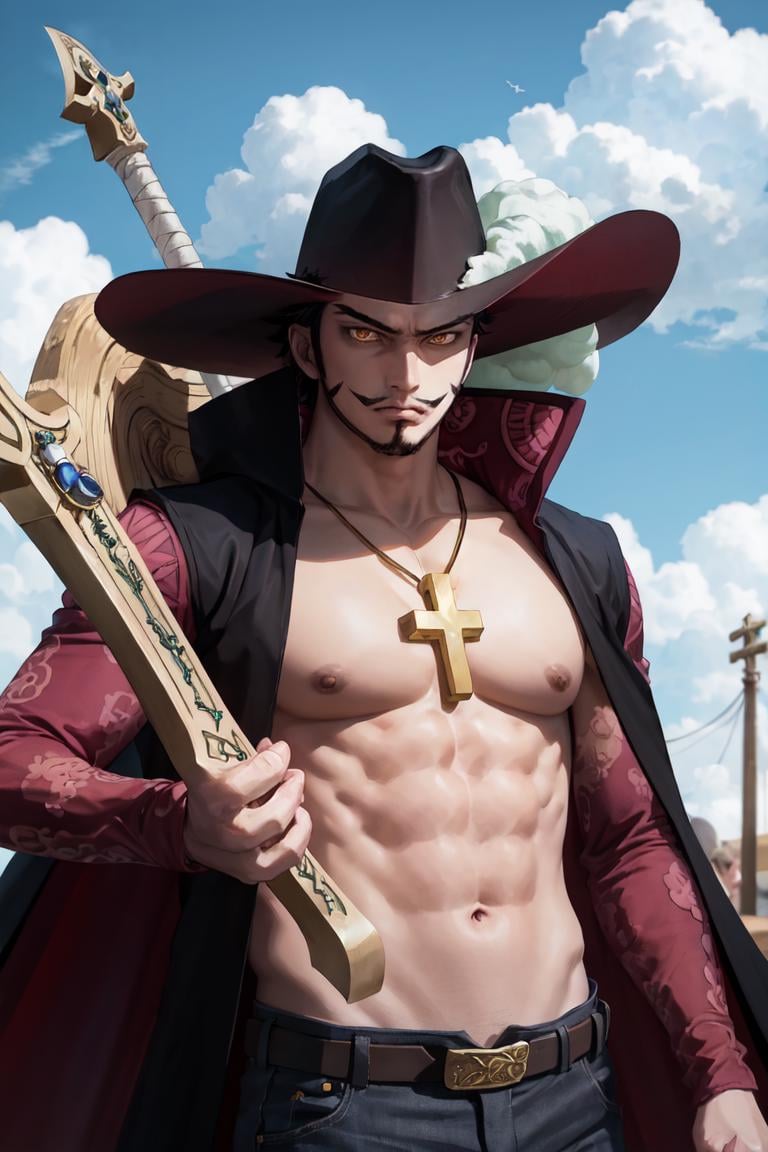 masterpiece, best quality, highres,  <lora:ANIME_OP_dracule_mihawk_ownwaifu:0.9>, scenery,ANIME_OP_dracule_mihawk_ownwaifu,www.ownwaifu.com,1boy,hat,facial hair,jewelry,beard,necklace,weapon,abs,black hair,yellow eyes,belt,mustache,coat,muscular,sword,pants,pectorals,open clothes,cross,goatee,pirate hat,cross necklace,long sideburns,sideburns,cape,open coat,bare pectorals,short hair,black headwear,pendant,spiked hair,manly,toned,fur trim,holding,holding weapon,stubble,latin cross,long coat,navel,pirate,topless male,