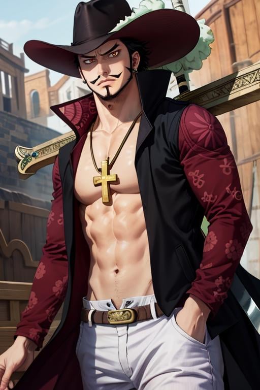 masterpiece, best quality, highres, scenery, <lora:ANIME_OP_dracule_mihawk_ownwaifu:1.0>ANIME_OP_dracule_mihawk_ownwaifu,www.ownwaifu.com,1boy,hat,facial hair,jewelry,beard,necklace,abs,black hair,yellow eyes,belt,mustache,coat,muscular,pants,pectorals,open clothes,cross,goatee,pirate hat,cross necklace,long sideburns,sideburns,cape,open coat,bare pectorals,short hair,black headwear,pendant,spiked hair,manly,toned,fur trim,stubble,latin cross,long coat,navel,jacket,open_jacket,topless male,hat_feather,white_pants,thick_eyebrows,yoru_(sword)