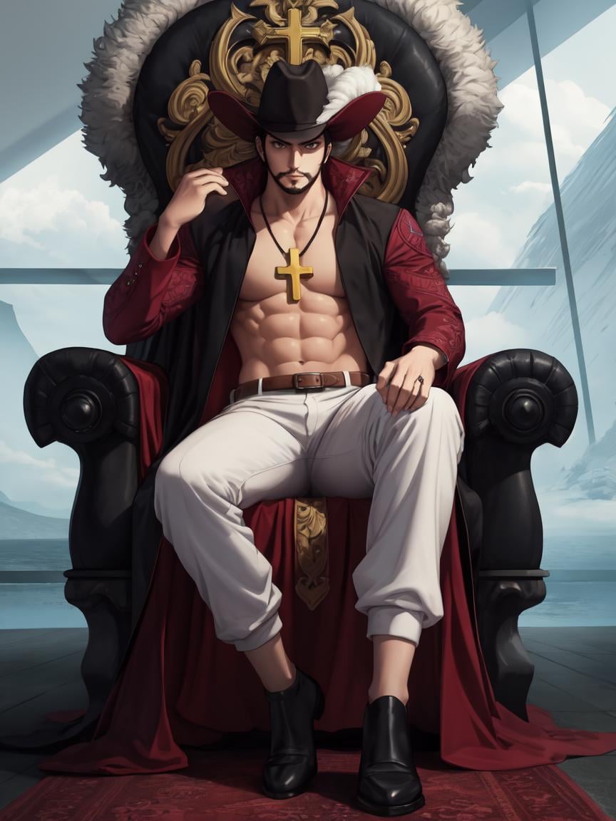 (highres, high quality:1.2), intricate details, looking at viewer, 1girl, solo, milf, full body, (sitting:1.2), (throne:1.2), (spread_legs:1.3) , throne room,   <lora:ANIME_OP_dracule_mihawk_ownwaifu:0.7>ANIME_OP_dracule_mihawk_ownwaifu,www.ownwaifu.com,1boy,hat,facial hair,jewelry,beard,necklace,abs,black hair,yellow eyes,belt,mustache,coat,muscular,pants,pectorals,open clothes,cross,goatee,pirate hat,cross necklace,long sideburns,sideburns,cape,open coat,bare pectorals,short hair,black headwear,pendant,spiked hair,manly,toned,fur trim,stubble,latin cross,long coat,navel,jacket,open_jacket,topless male,hat_feather,white_pants,thick_eyebrows,