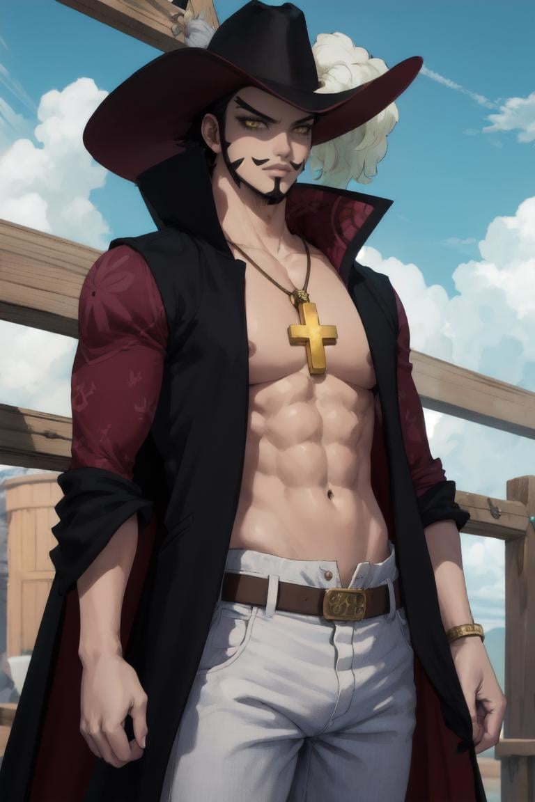 masterpiece, best quality, highres, scenery, <lora:ANIME_OP_dracule_mihawk_ownwaifu:0.8>ANIME_OP_dracule_mihawk_ownwaifu,www.ownwaifu.com,1boy,hat,facial hair,jewelry,beard,necklace,abs,black hair,yellow eyes,belt,mustache,coat,muscular,pants,pectorals,open clothes,cross,goatee,pirate hat,cross necklace,long sideburns,sideburns,cape,open coat,bare pectorals,short hair,black headwear,pendant,spiked hair,manly,toned,fur trim,stubble,latin cross,long coat,navel,jacket,open_jacket,topless male,hat_feather,white_pants,thick_eyebrows, 