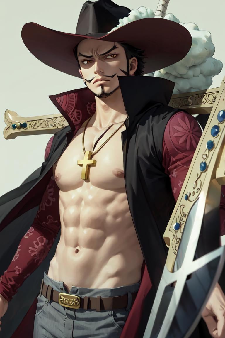 masterpiece, best quality, highres,  <lora:ANIME_OP_dracule_mihawk_ownwaifu:1>, scenery,ANIME_OP_dracule_mihawk_ownwaifu,www.ownwaifu.com,1boy,hat,facial hair,jewelry,beard,necklace,weapon,abs,black hair,yellow eyes,belt,mustache,coat,muscular,sword,pants,pectorals,open clothes,cross,goatee,pirate hat,cross necklace,long sideburns,sideburns,cape,open coat,bare pectorals,short hair,black headwear,pendant,spiked hair,manly,toned,fur trim,holding,holding weapon,stubble,latin cross,long coat,navel,pirate,topless male,